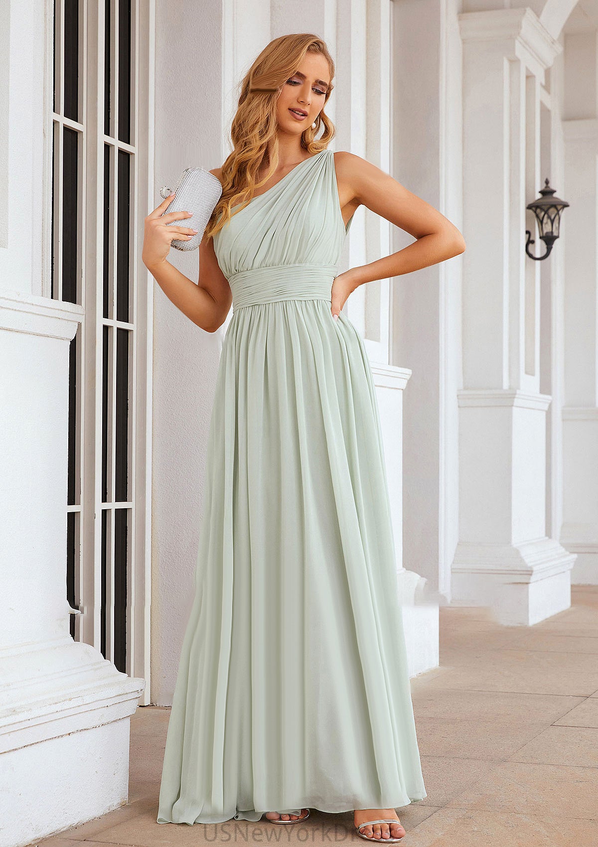 A-line One-Shoulder Sleeveless Chiffon Long/Floor-Length Bridesmaid Dresses With Pleated Viola DJP0025382