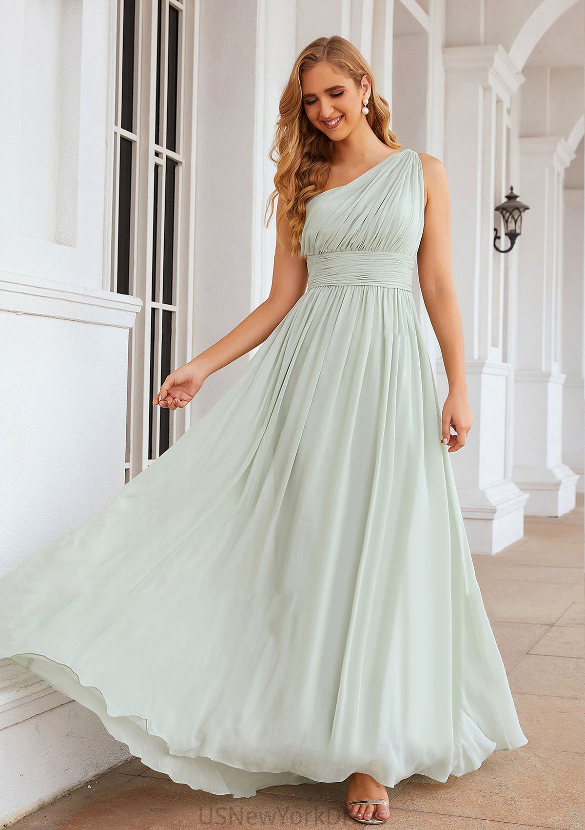 A-line One-Shoulder Sleeveless Chiffon Long/Floor-Length Bridesmaid Dresses With Pleated Viola DJP0025382