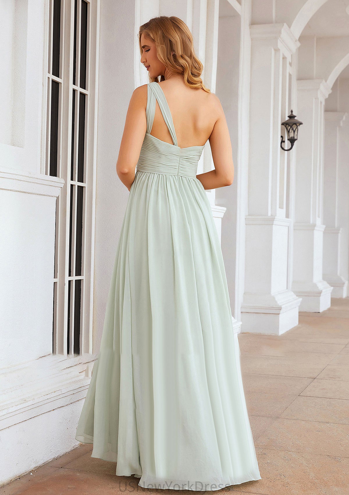 A-line One-Shoulder Sleeveless Chiffon Long/Floor-Length Bridesmaid Dresses With Pleated Viola DJP0025382