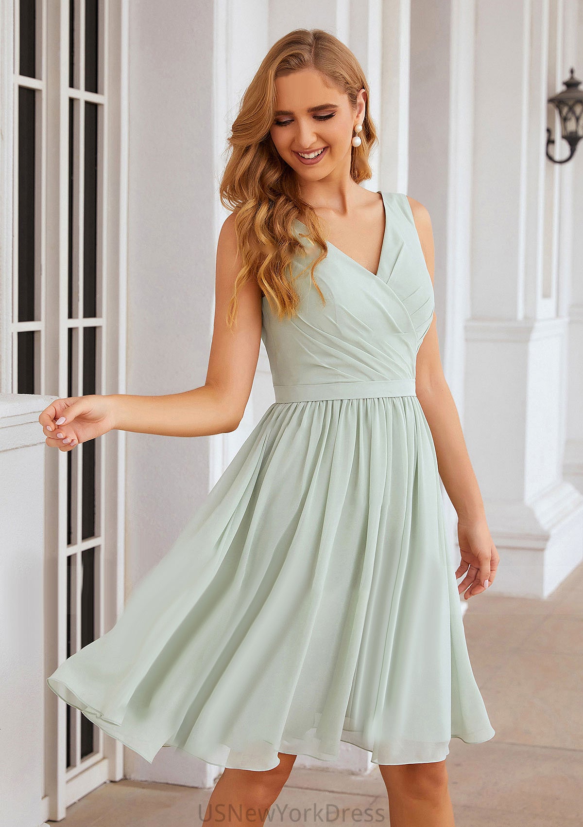 A-line V Neck Sleeveless Chiffon Knee-Length Bridesmaid Dresses With Pleated Waistband Brenna DJP0025383