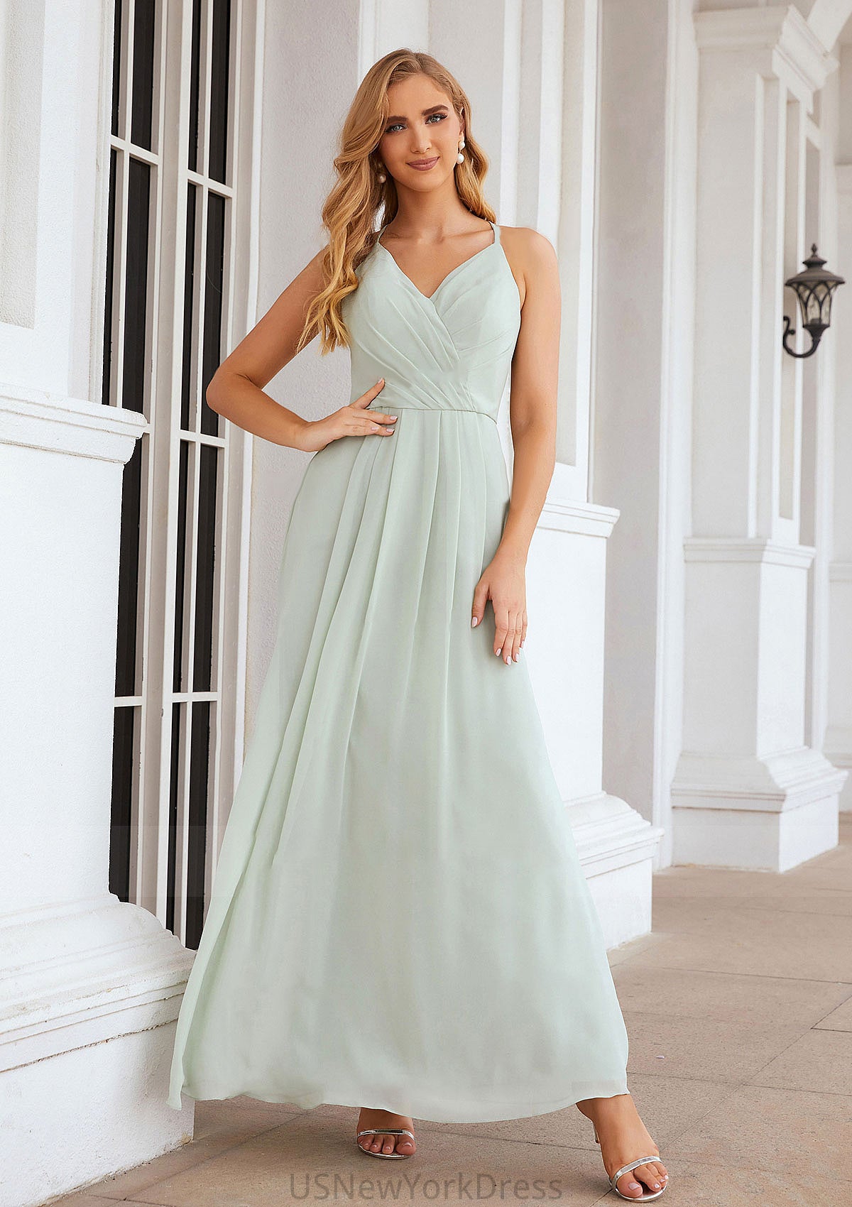 A-line V Neck Sleeveless Chiffon Long/Floor-Length Bridesmaid Dresses With Pleated Lynn DJP0025385