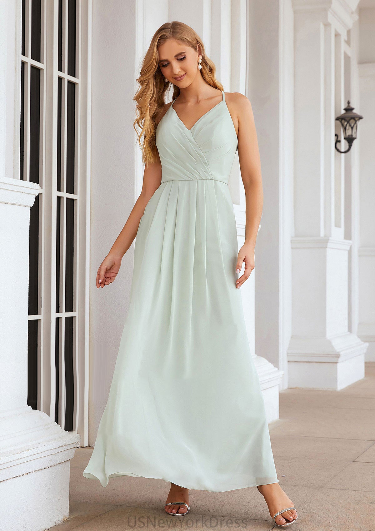 A-line V Neck Sleeveless Chiffon Long/Floor-Length Bridesmaid Dresses With Pleated Lynn DJP0025385