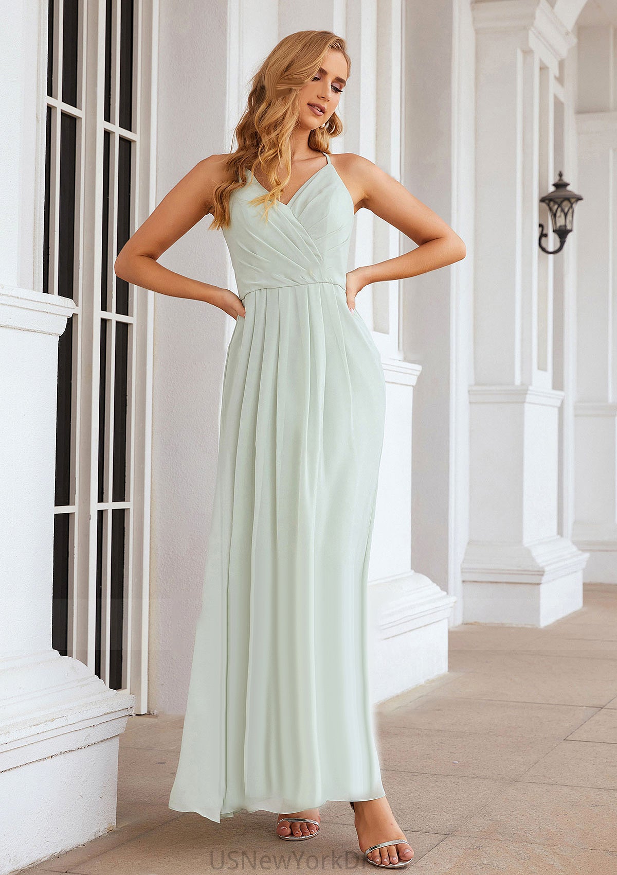 A-line V Neck Sleeveless Chiffon Long/Floor-Length Bridesmaid Dresses With Pleated Lynn DJP0025385