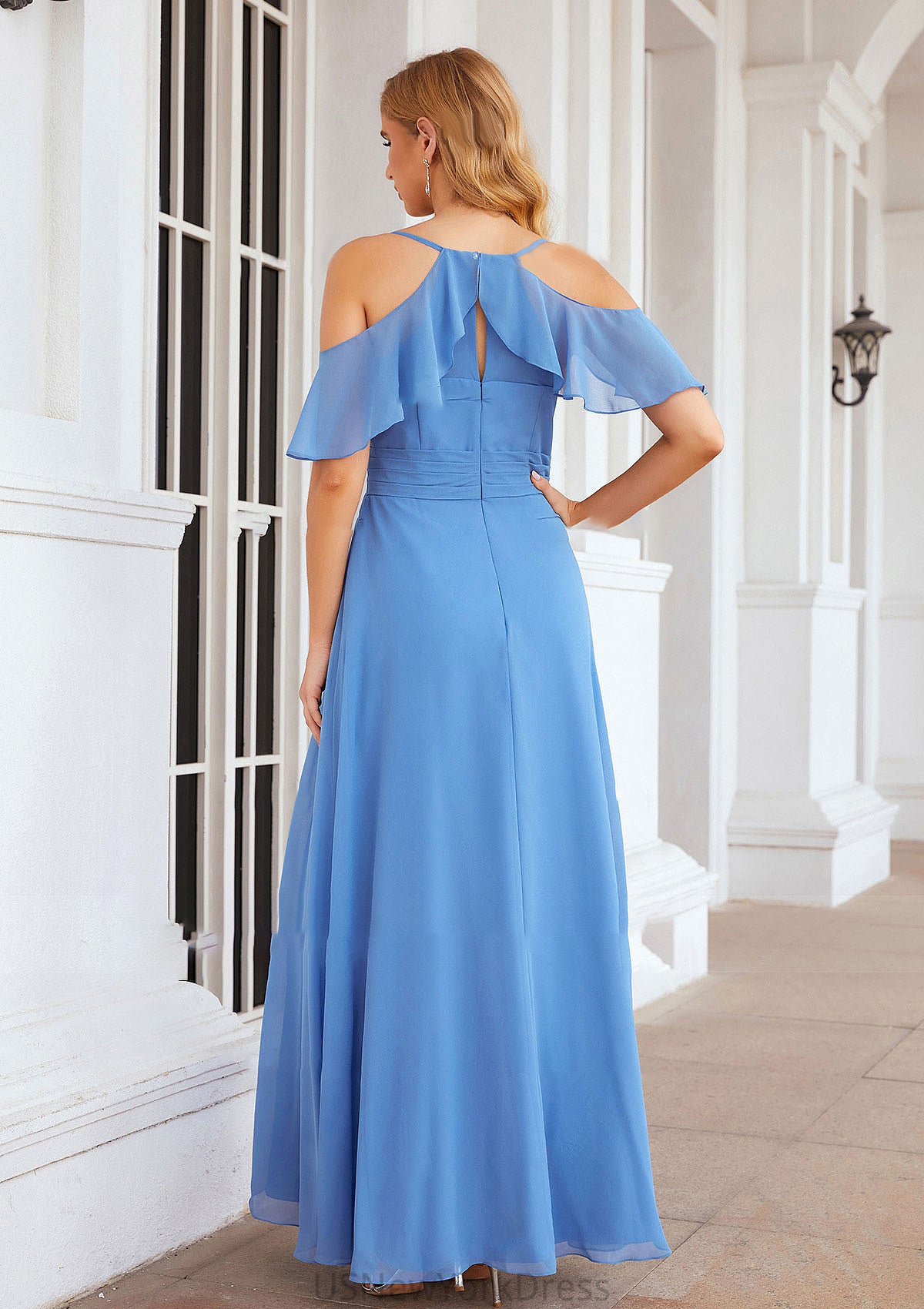 A-line V Neck Sleeveless Chiffon Long/Floor-Length Bridesmaid Dresses With Pleated Split Blanche DJP0025388