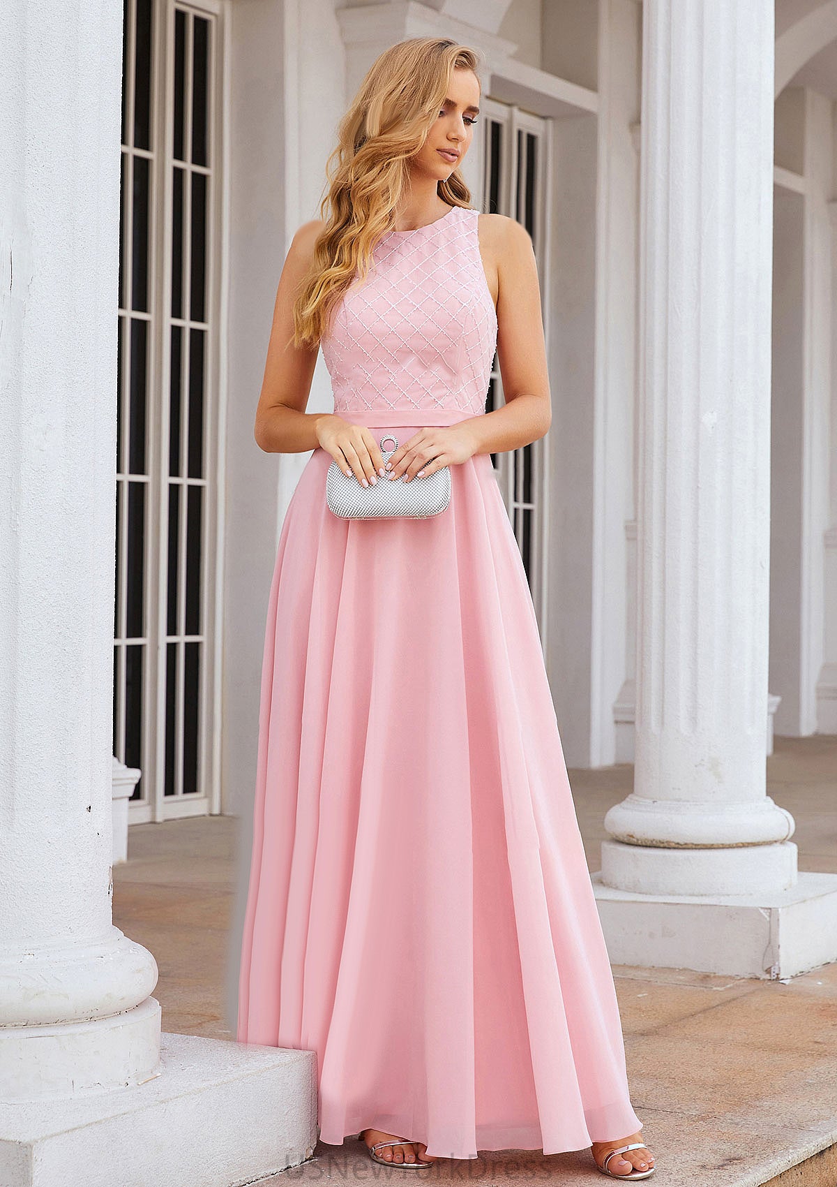 A-line Scalloped Neck Sleeveless Chiffon Long/Floor-Length Bridesmaid Dresses With Beading Penny DJP0025393