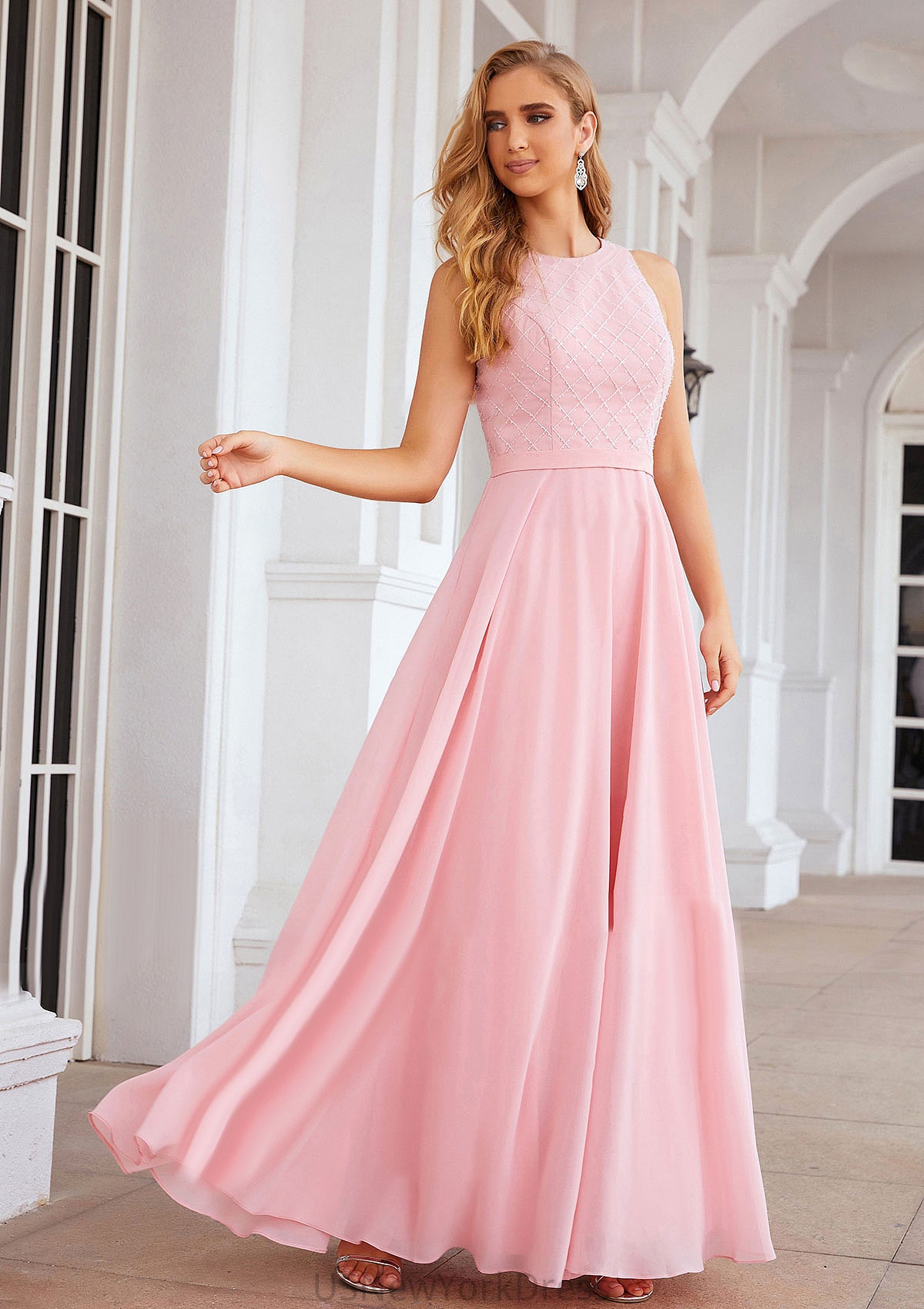 A-line Scalloped Neck Sleeveless Chiffon Long/Floor-Length Bridesmaid Dresses With Beading Penny DJP0025393