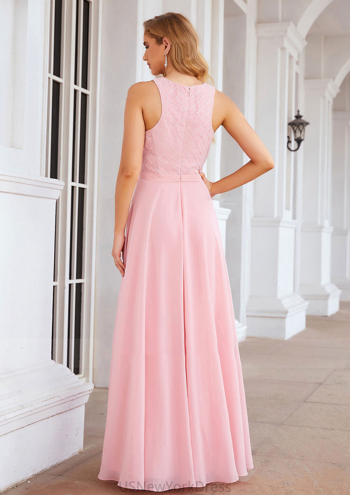 A-line Scalloped Neck Sleeveless Chiffon Long/Floor-Length Bridesmaid Dresses With Beading Penny DJP0025393