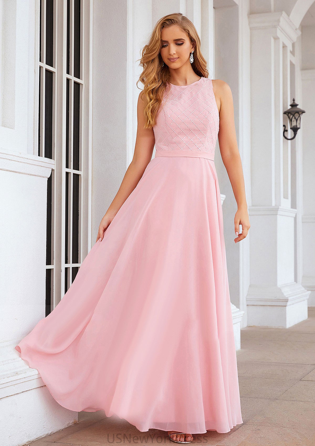 A-line Scalloped Neck Sleeveless Chiffon Long/Floor-Length Bridesmaid Dresses With Beading Penny DJP0025393