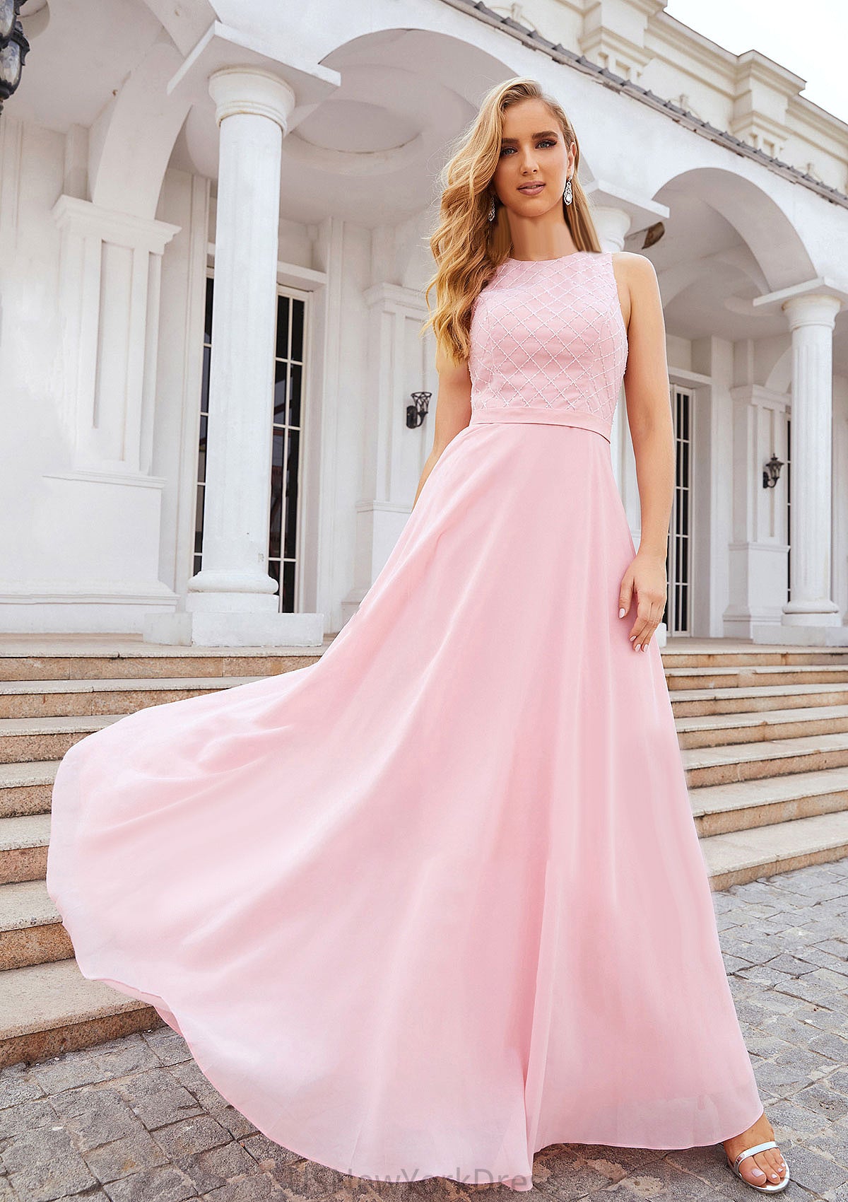 A-line Scalloped Neck Sleeveless Chiffon Long/Floor-Length Bridesmaid Dresses With Beading Penny DJP0025393