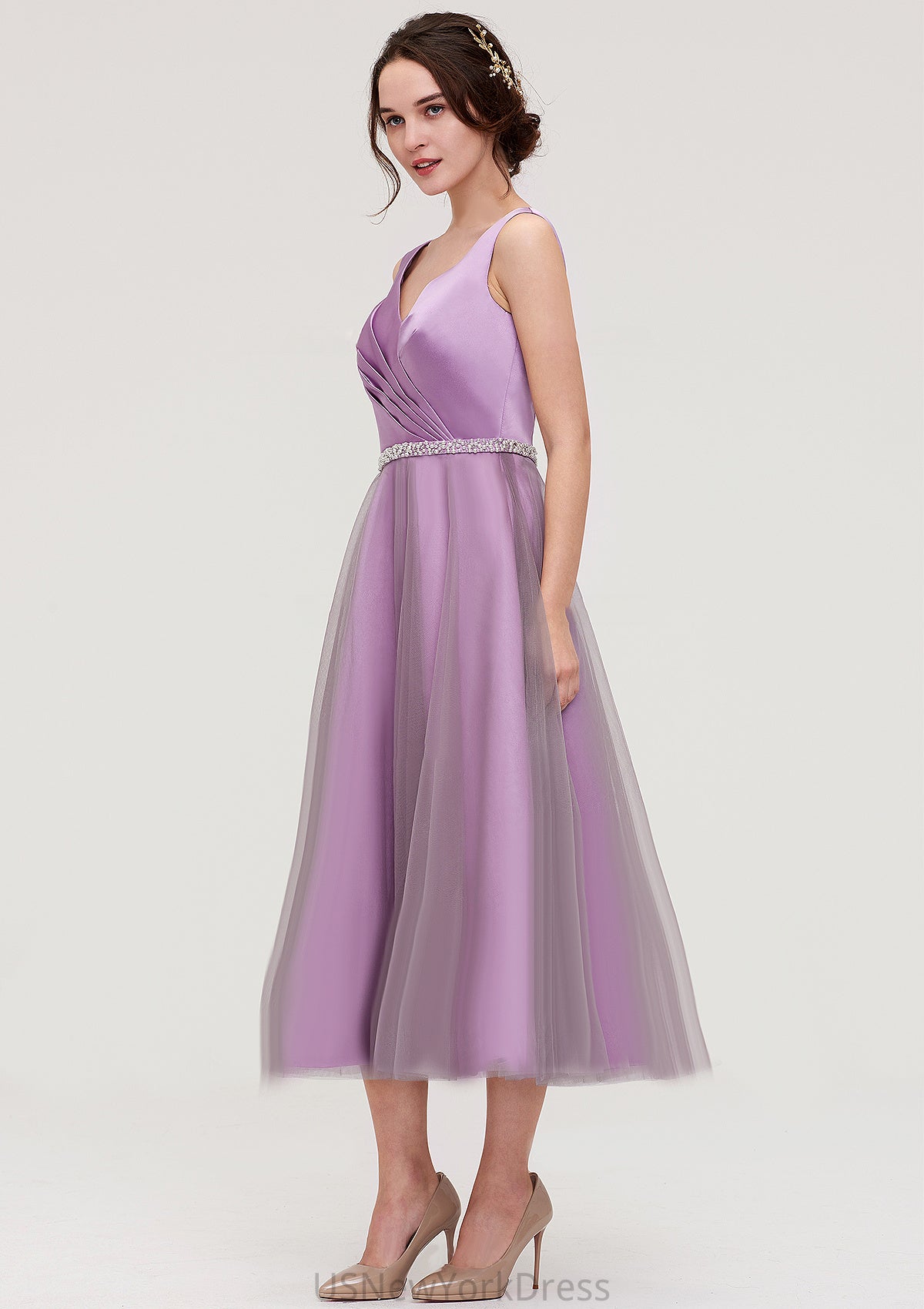 V Neck Sleeveless Tulle Tea-Length A-line/Princess Bridesmaid Dresses With Waistband Beading Pleated Audrina DJP0025395