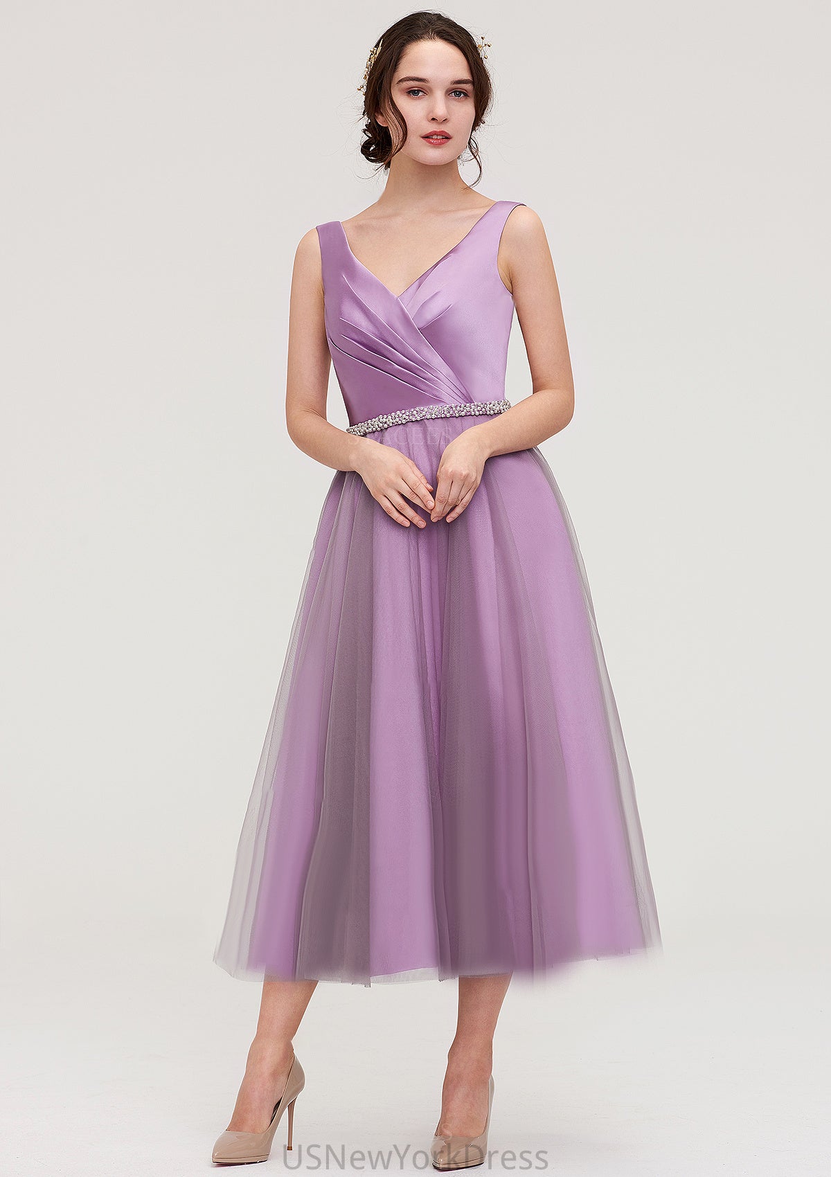 V Neck Sleeveless Tulle Tea-Length A-line/Princess Bridesmaid Dresses With Waistband Beading Pleated Audrina DJP0025395