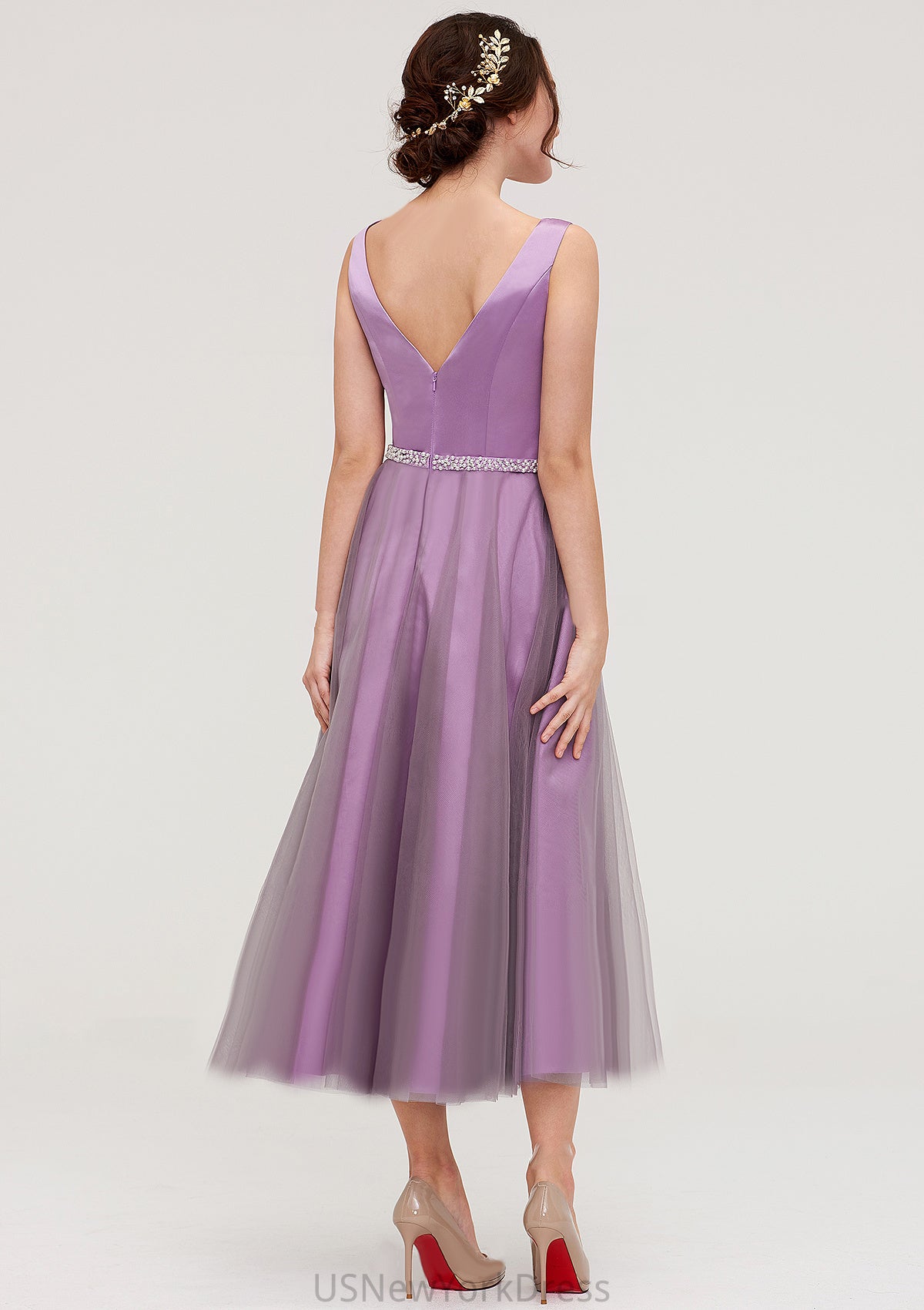 V Neck Sleeveless Tulle Tea-Length A-line/Princess Bridesmaid Dresses With Waistband Beading Pleated Audrina DJP0025395