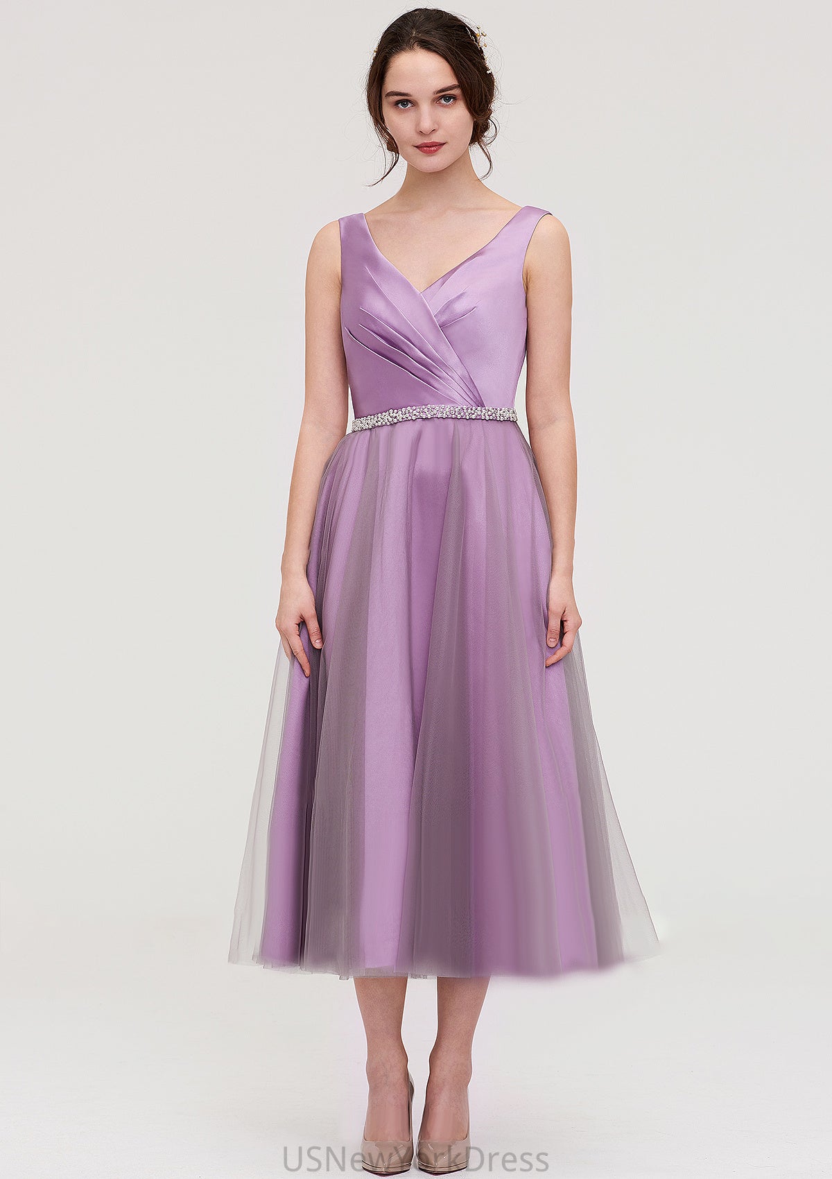 V Neck Sleeveless Tulle Tea-Length A-line/Princess Bridesmaid Dresses With Waistband Beading Pleated Audrina DJP0025395