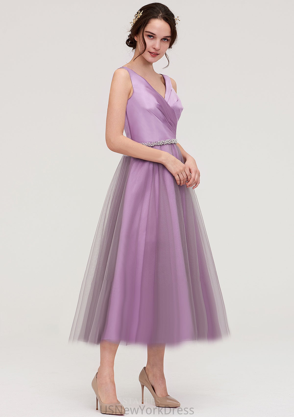 V Neck Sleeveless Tulle Tea-Length A-line/Princess Bridesmaid Dresses With Waistband Beading Pleated Audrina DJP0025395