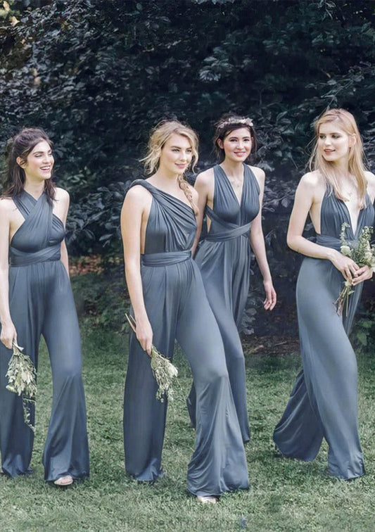 Jumpsuit/Pantsuit Sleeveless Long/Floor-Length Jersey Bridesmaid Dresses With Pleated Clarissa DJP0025397