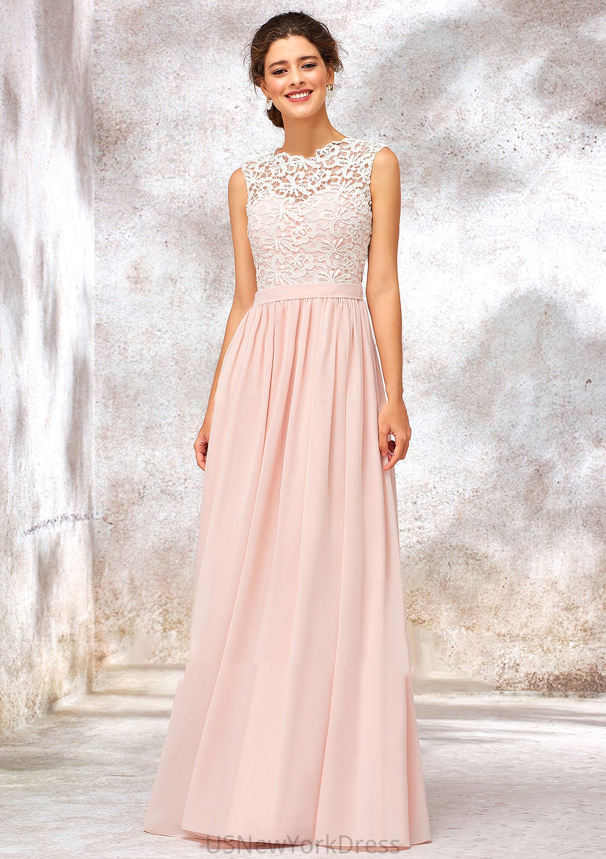 Scoop Neck Sleeveless Long/Floor-Length Chiffon A-line/Princess Bridesmaid Dresses With Lace Mckenna DJP0025398