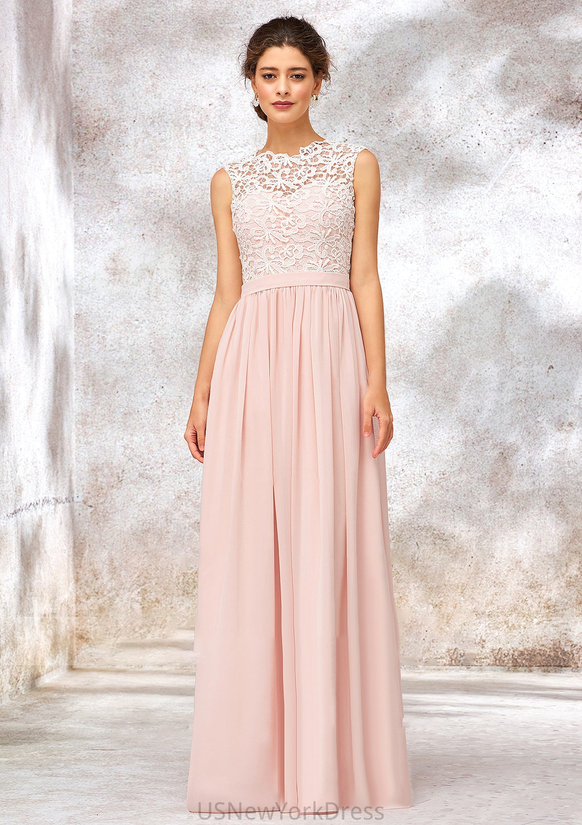 Scoop Neck Sleeveless Long/Floor-Length Chiffon A-line/Princess Bridesmaid Dresses With Lace Mckenna DJP0025398