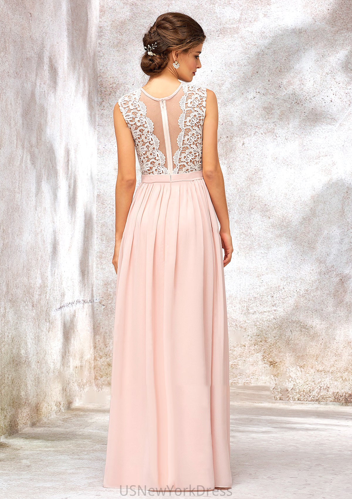 Scoop Neck Sleeveless Long/Floor-Length Chiffon A-line/Princess Bridesmaid Dresses With Lace Mckenna DJP0025398