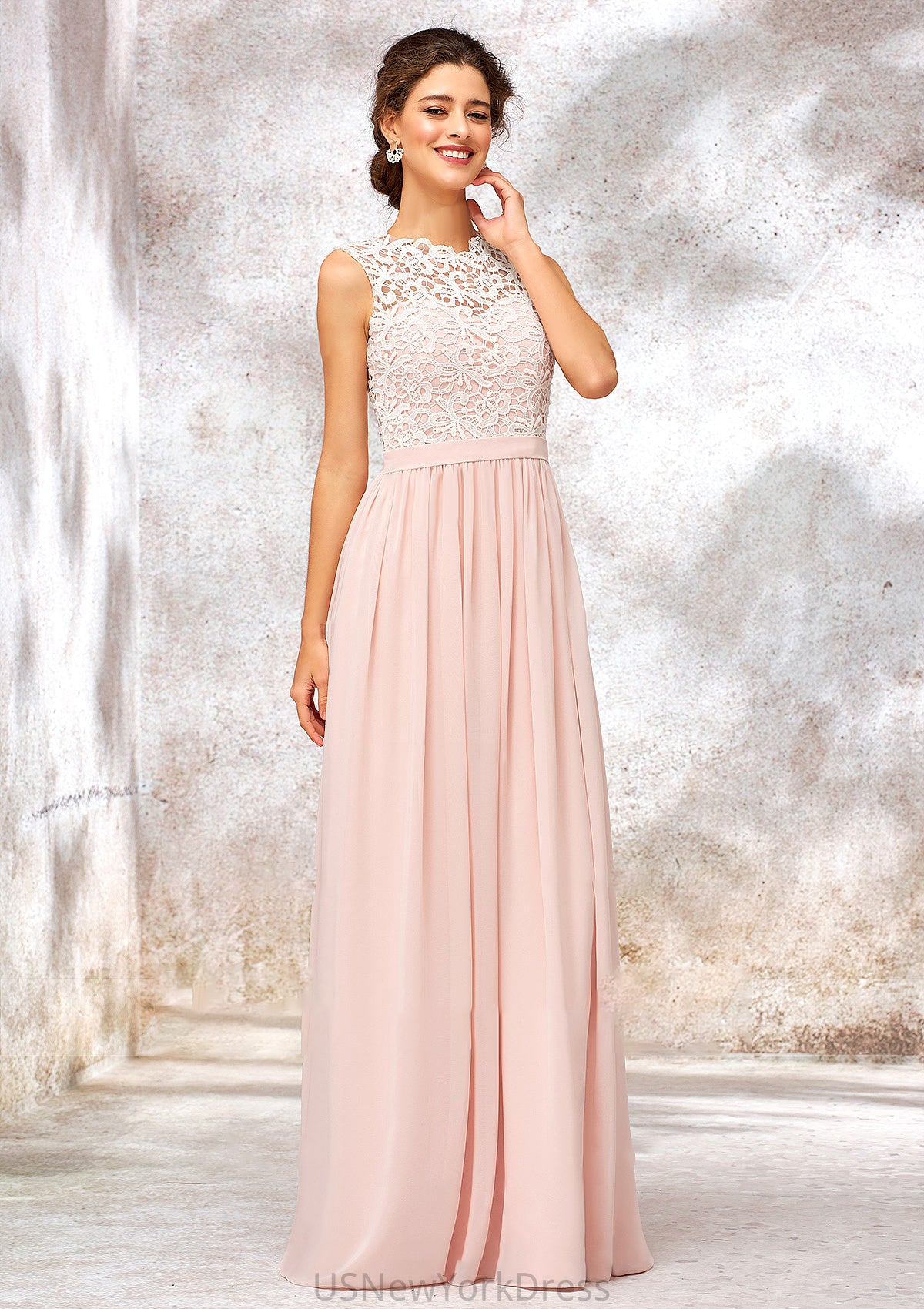 Scoop Neck Sleeveless Long/Floor-Length Chiffon A-line/Princess Bridesmaid Dresses With Lace Mckenna DJP0025398