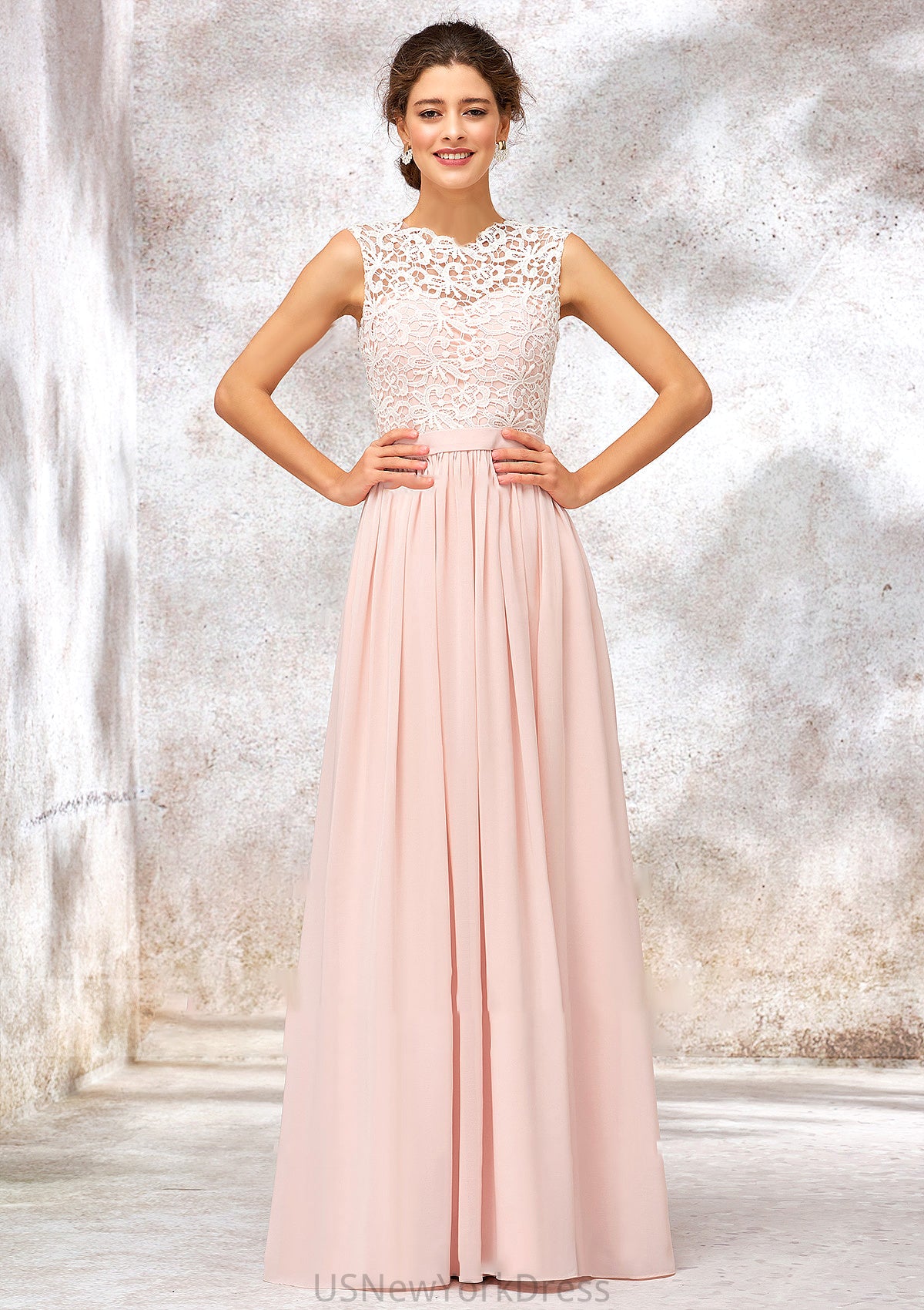 Scoop Neck Sleeveless Long/Floor-Length Chiffon A-line/Princess Bridesmaid Dresses With Lace Mckenna DJP0025398