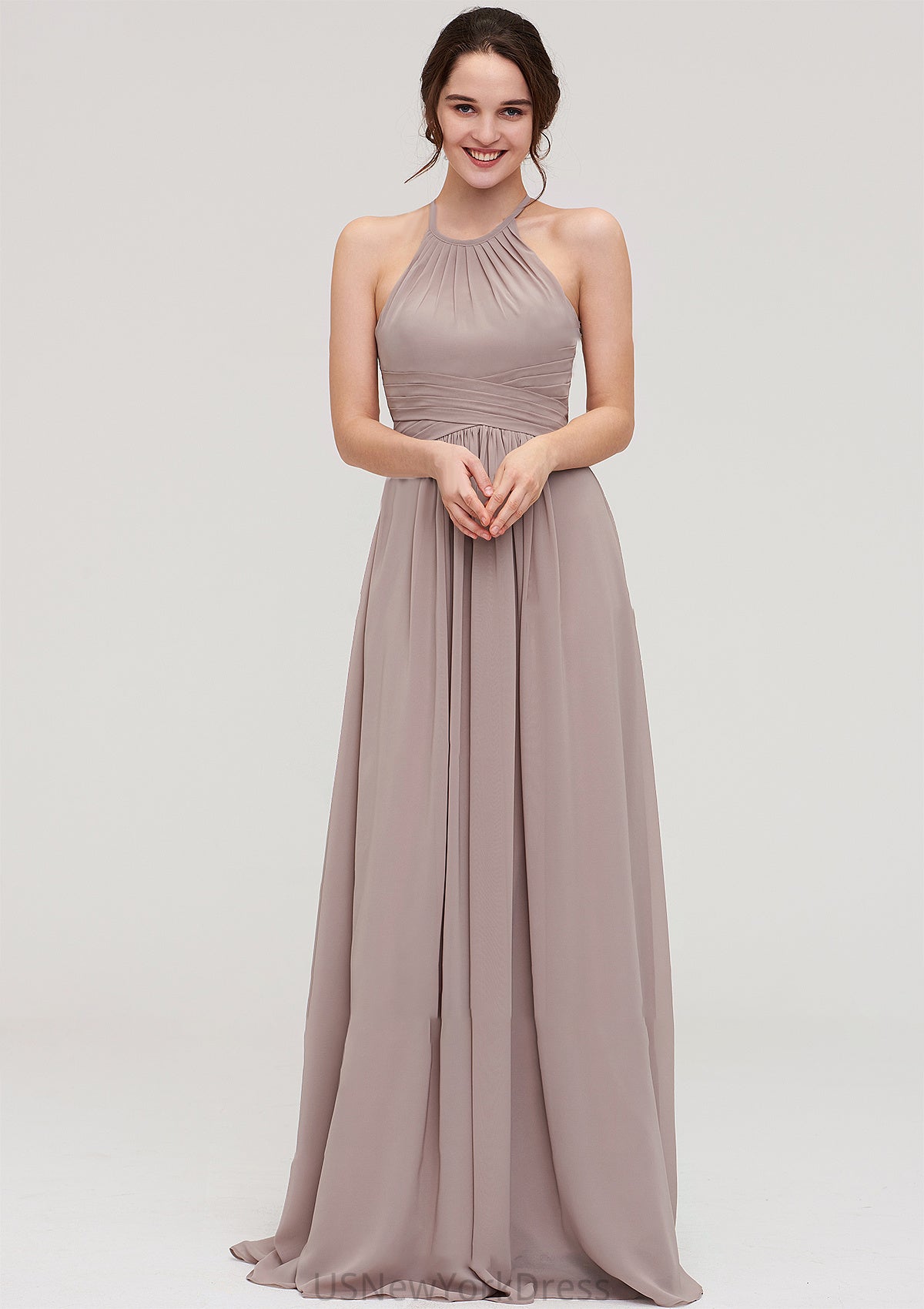 Scoop Neck Sleeveless A-line/Princess Chiffon Long/Floor-Length Bridesmaid Dresseses With Pleated Giuliana DJP0025399