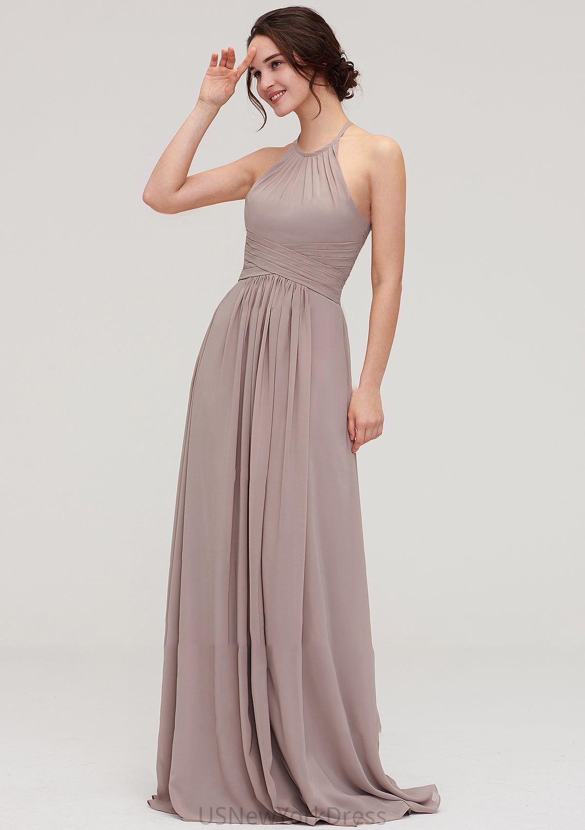 Scoop Neck Sleeveless A-line/Princess Chiffon Long/Floor-Length Bridesmaid Dresseses With Pleated Giuliana DJP0025399