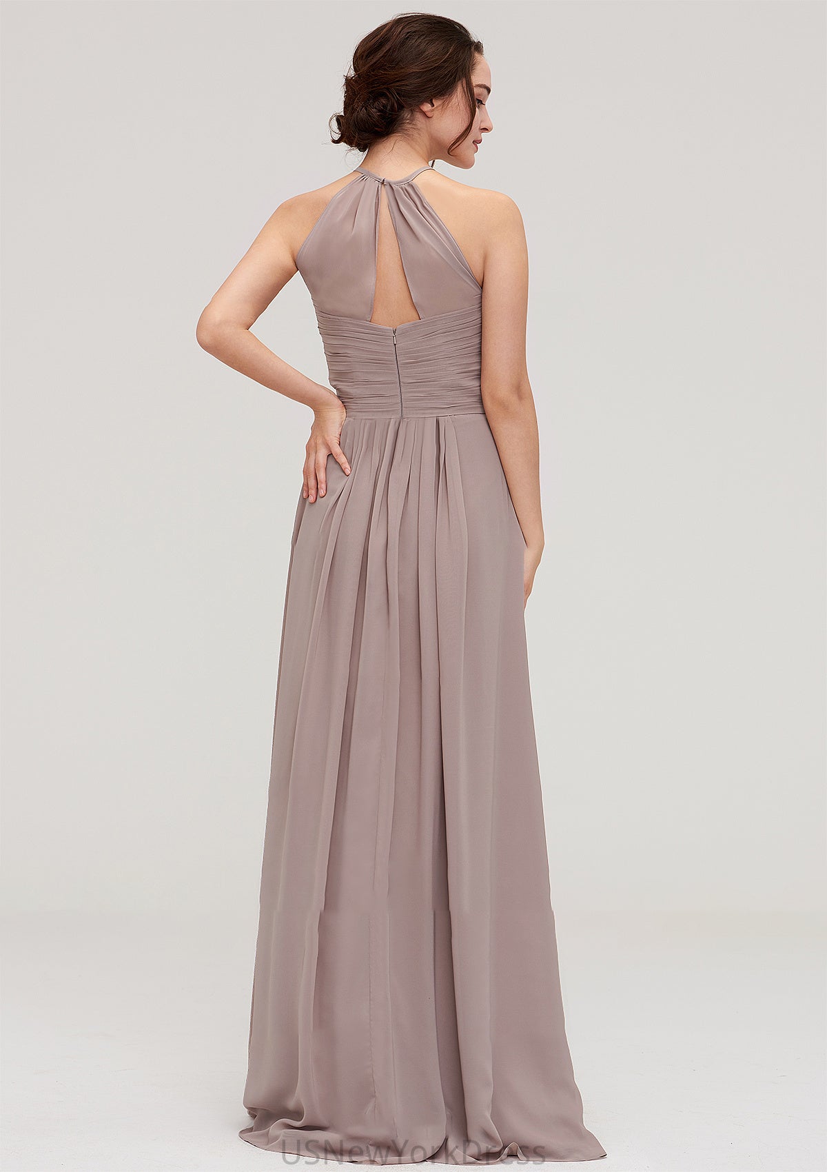 Scoop Neck Sleeveless A-line/Princess Chiffon Long/Floor-Length Bridesmaid Dresseses With Pleated Giuliana DJP0025399