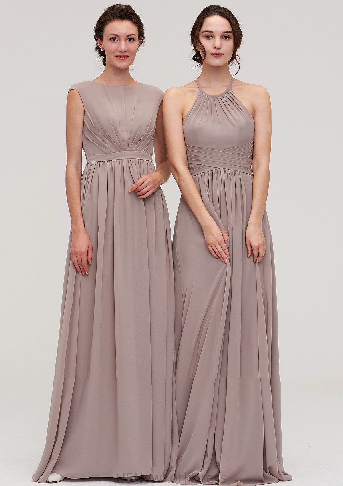 Scoop Neck Sleeveless A-line/Princess Chiffon Long/Floor-Length Bridesmaid Dresseses With Pleated Giuliana DJP0025399