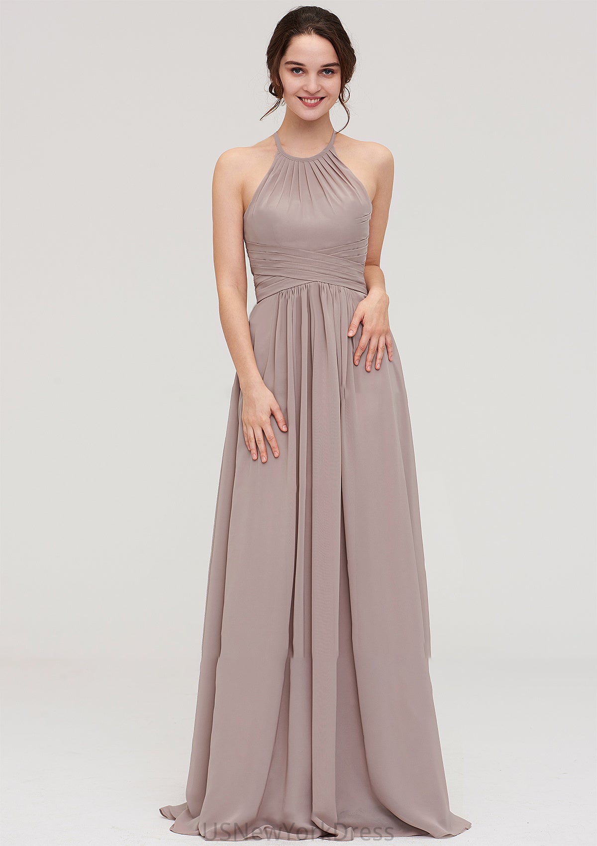 Scoop Neck Sleeveless A-line/Princess Chiffon Long/Floor-Length Bridesmaid Dresseses With Pleated Giuliana DJP0025399