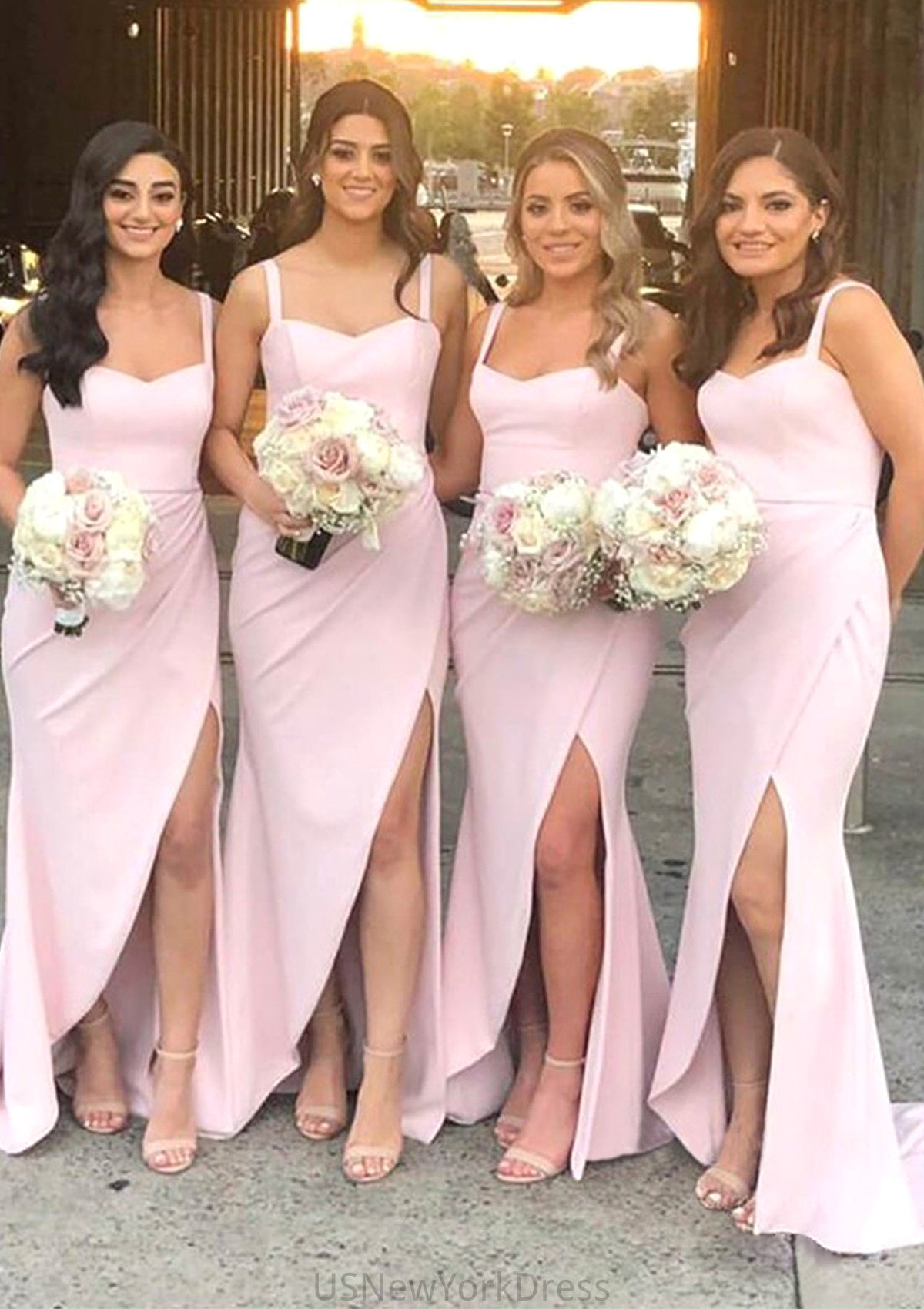 Sheath/Column Sweetheart Sleeveless Sweep Train Elastic Satin Bridesmaid Dresses With Pleated Split Paula DJP0025400