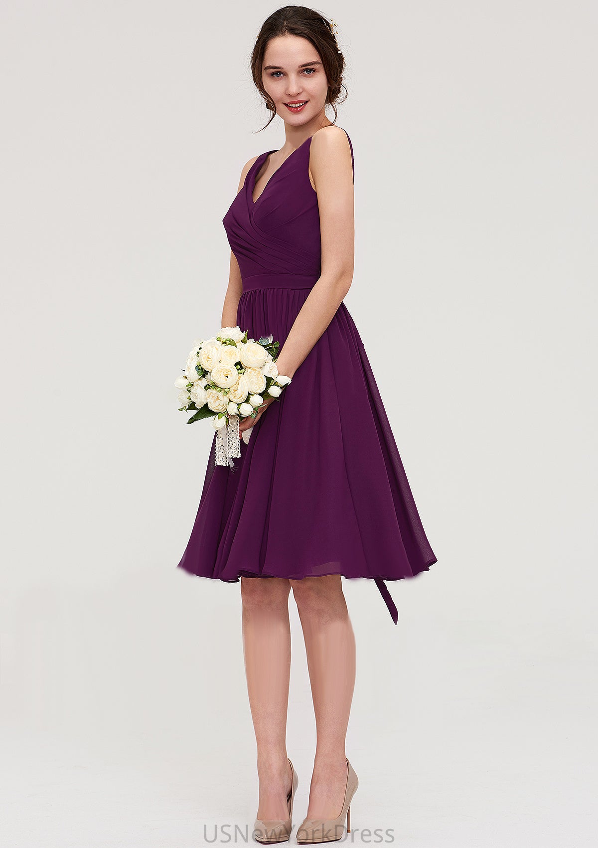 Sleeveless V Neck Chiffon A-line/Princess Knee-Length Bridesmaid Dresses With Pleated Shiloh DJP0025401