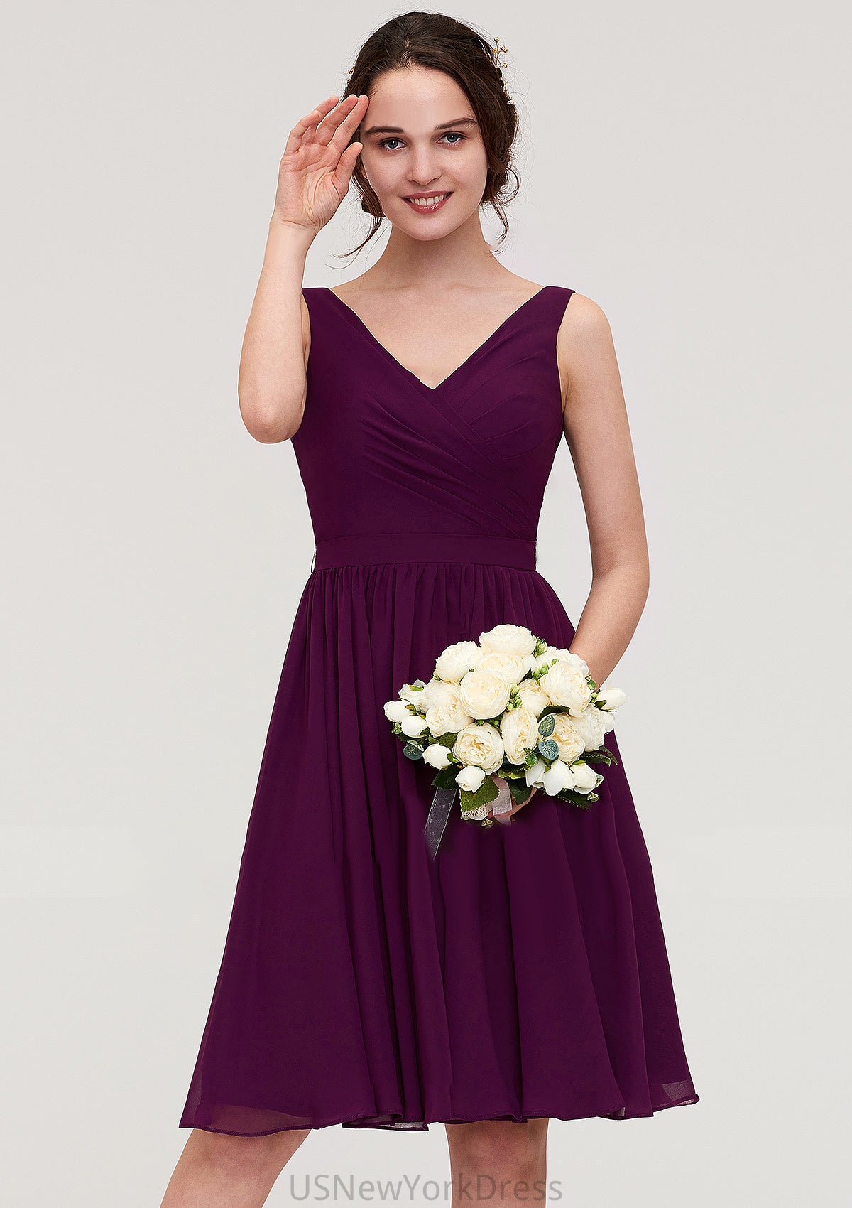 Sleeveless V Neck Chiffon A-line/Princess Knee-Length Bridesmaid Dresses With Pleated Shiloh DJP0025401