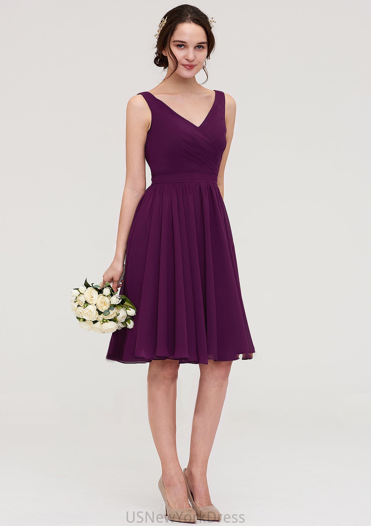 Sleeveless V Neck Chiffon A-line/Princess Knee-Length Bridesmaid Dresses With Pleated Shiloh DJP0025401