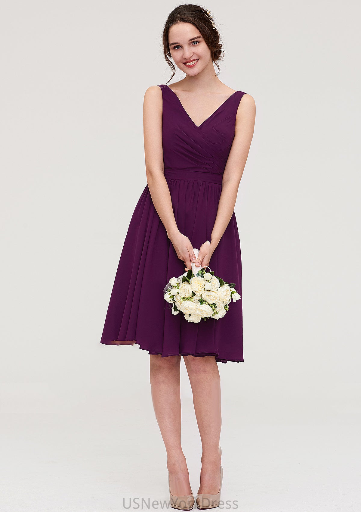 Sleeveless V Neck Chiffon A-line/Princess Knee-Length Bridesmaid Dresses With Pleated Shiloh DJP0025401