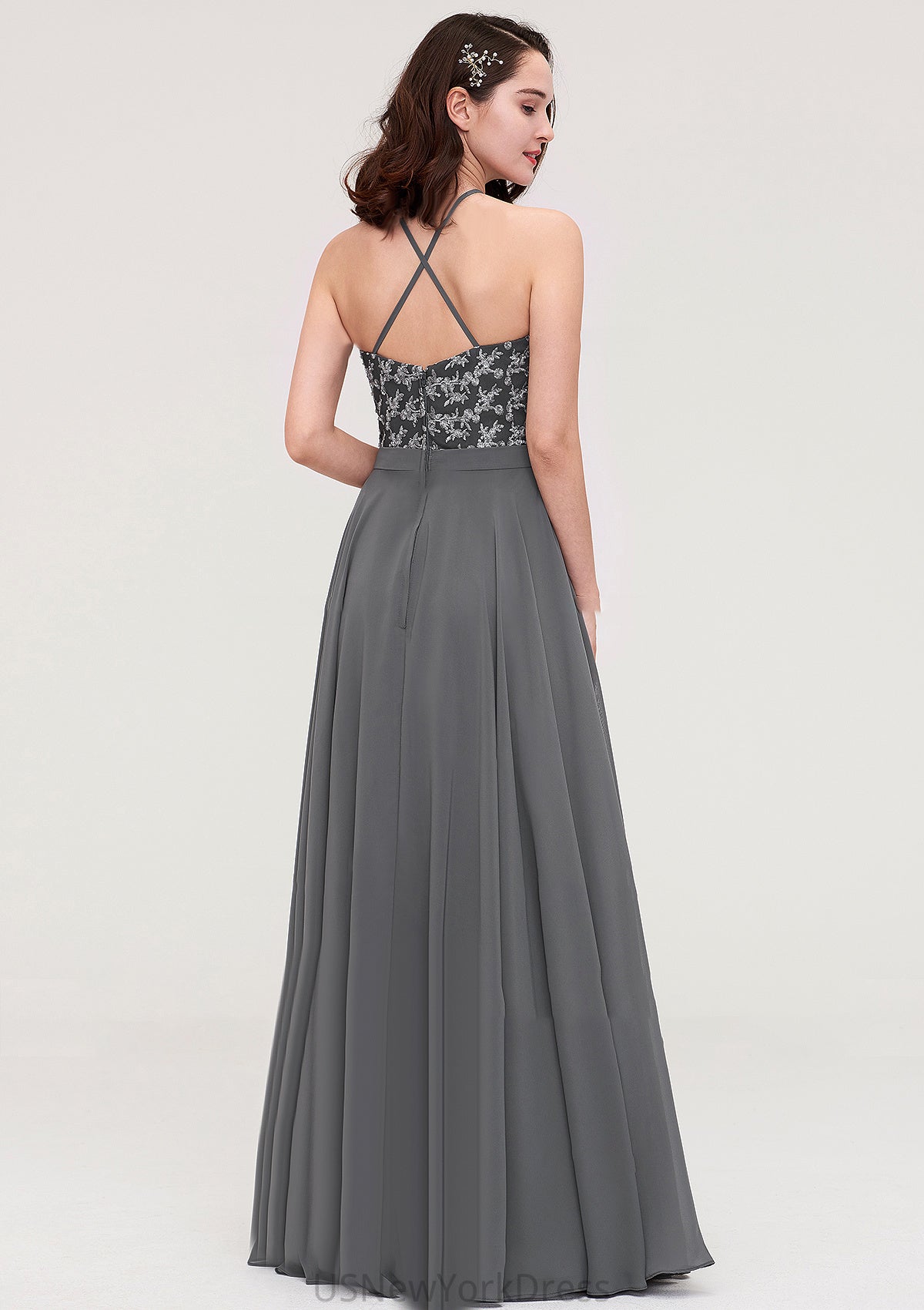 A-line/Princess Halter Long/Floor-Length Chiffon A-line/Princess Bridesmaid Dresses With Appliqued Alicia DJP0025402