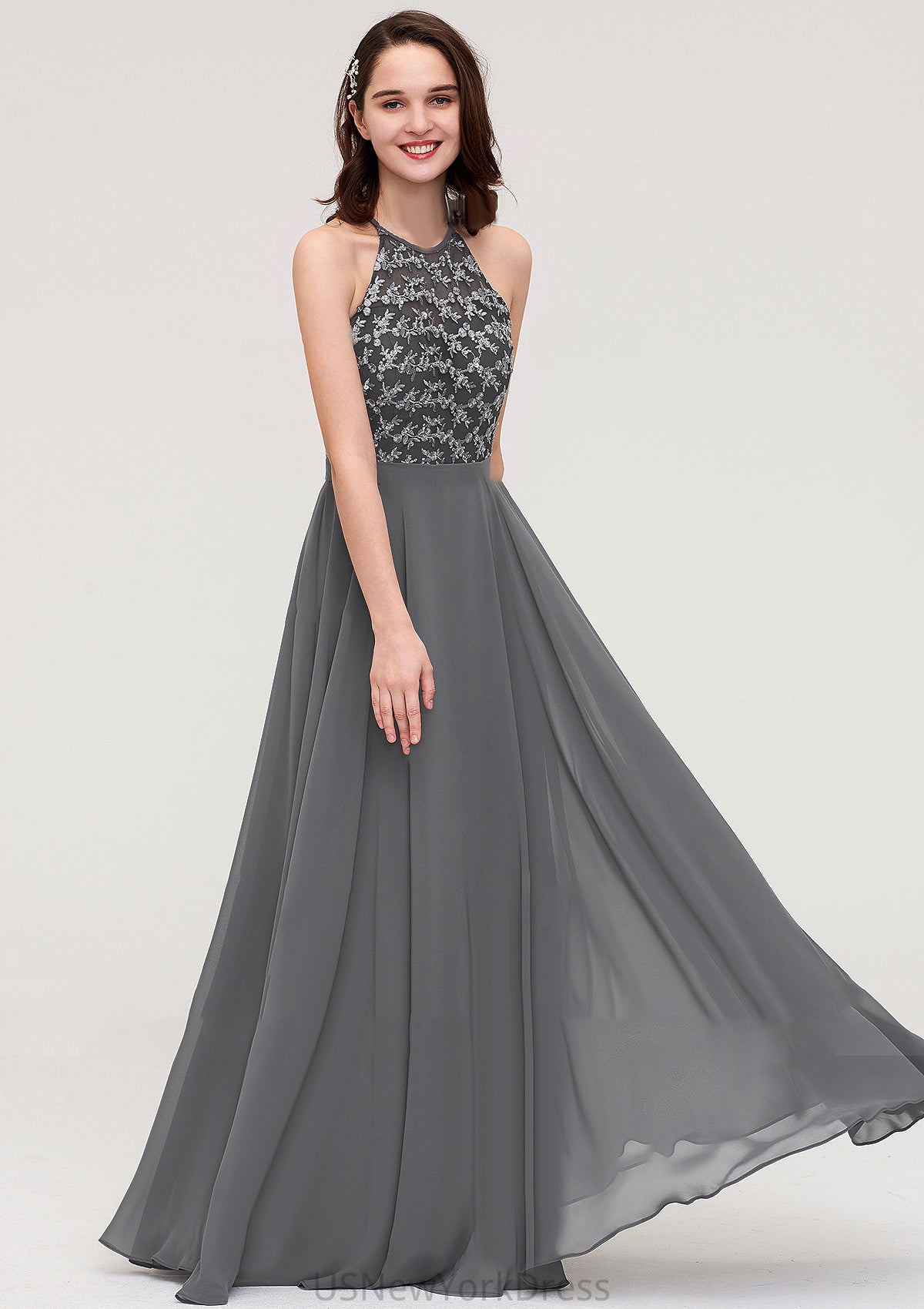 A-line/Princess Halter Long/Floor-Length Chiffon A-line/Princess Bridesmaid Dresses With Appliqued Alicia DJP0025402