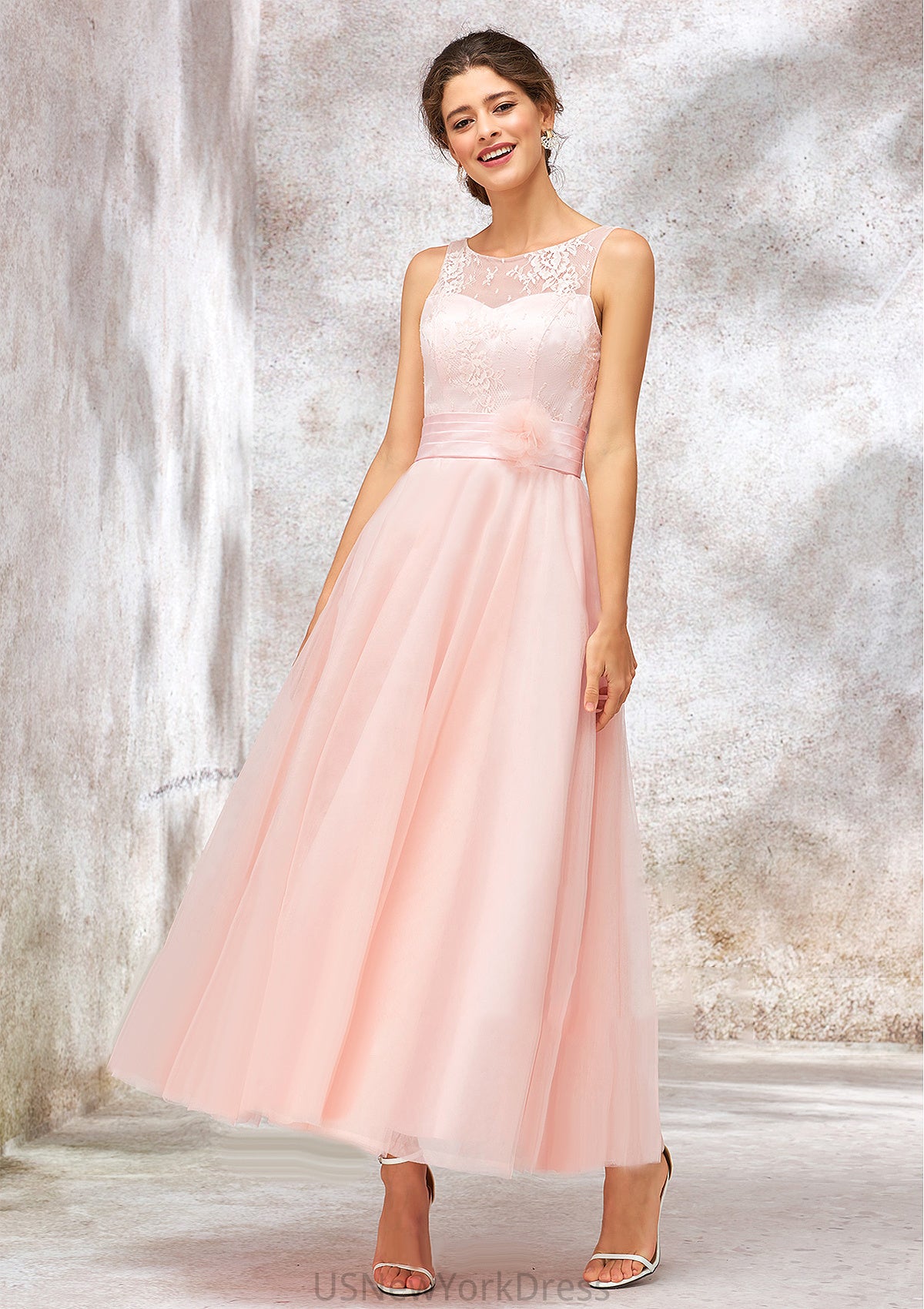 Bateau Sleeveless Tea-Length Tulle A-line/Princess Bridesmaid Dresses With Waistband Lace Jaslene DJP0025403