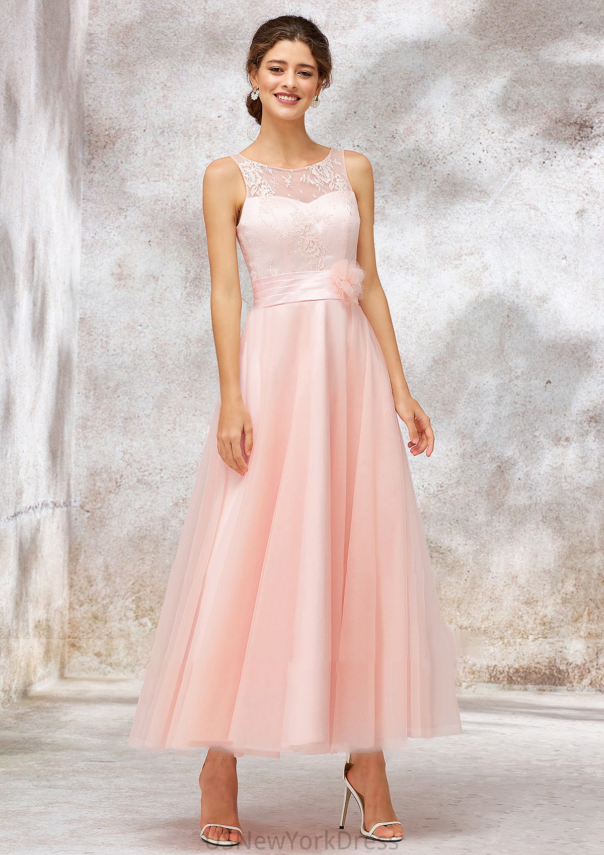 Bateau Sleeveless Tea-Length Tulle A-line/Princess Bridesmaid Dresses With Waistband Lace Jaslene DJP0025403