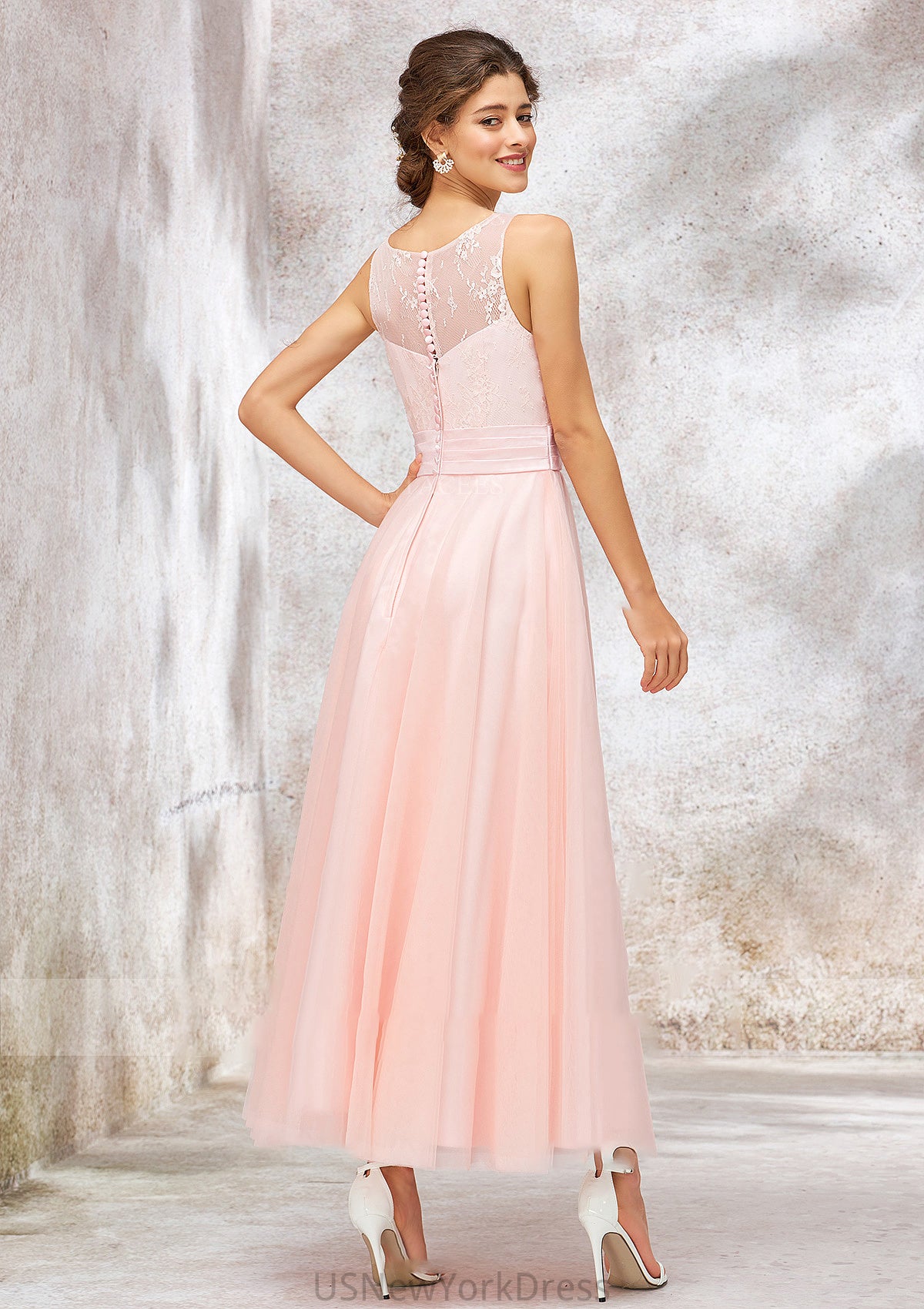 Bateau Sleeveless Tea-Length Tulle A-line/Princess Bridesmaid Dresses With Waistband Lace Jaslene DJP0025403