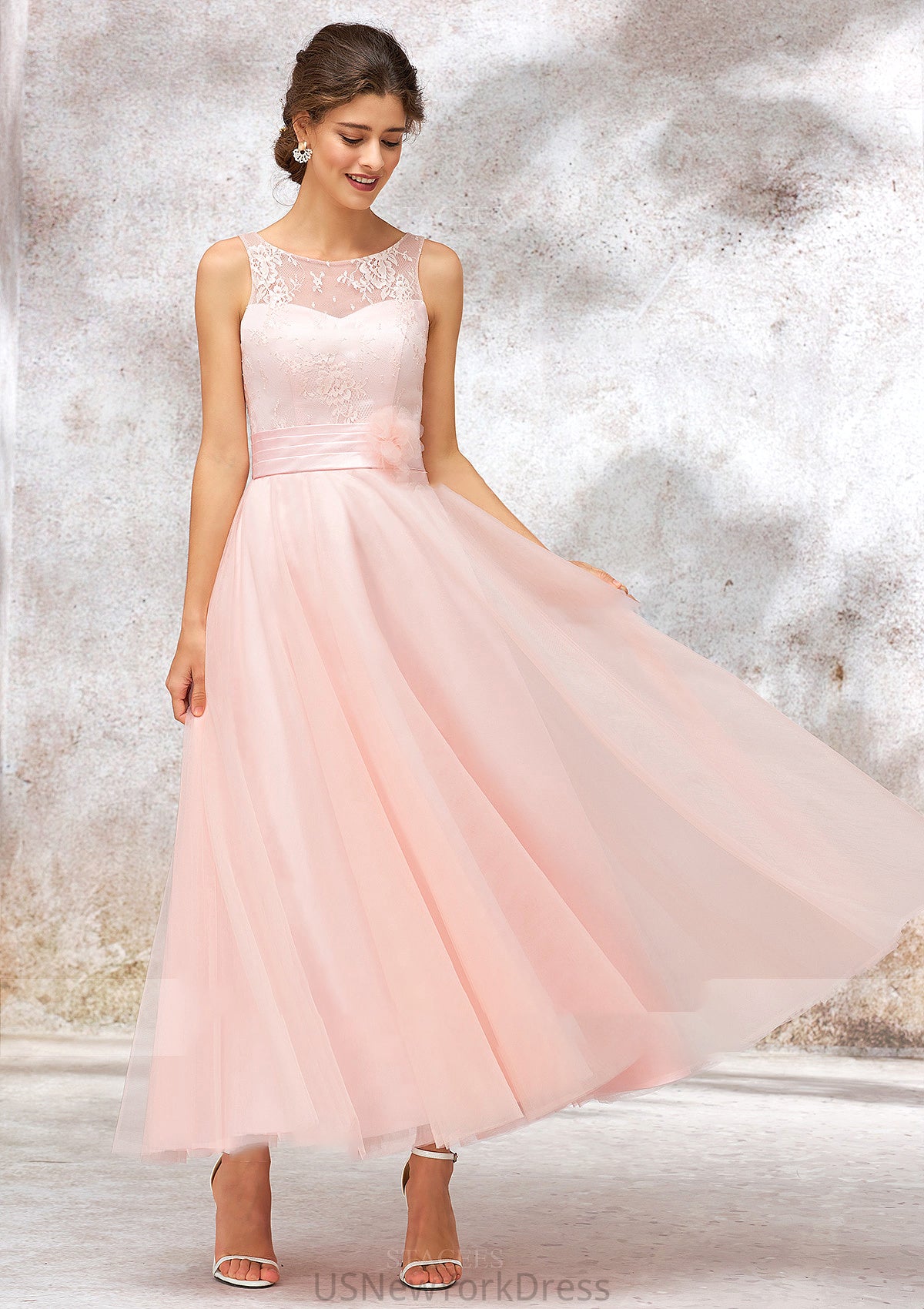 Bateau Sleeveless Tea-Length Tulle A-line/Princess Bridesmaid Dresses With Waistband Lace Jaslene DJP0025403