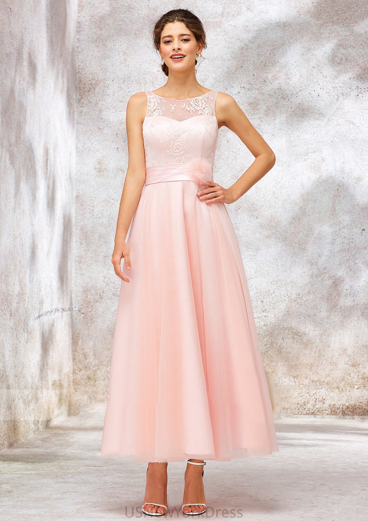 Bateau Sleeveless Tea-Length Tulle A-line/Princess Bridesmaid Dresses With Waistband Lace Jaslene DJP0025403