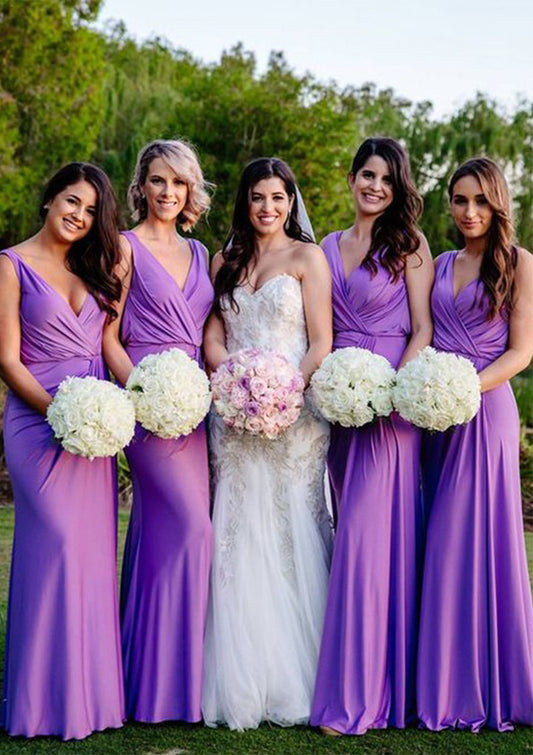 Sheath/Column V Neck Sleeveless Long/Floor-Length Jersey Bridesmaid Dresses With Pleated Adison DJP0025404