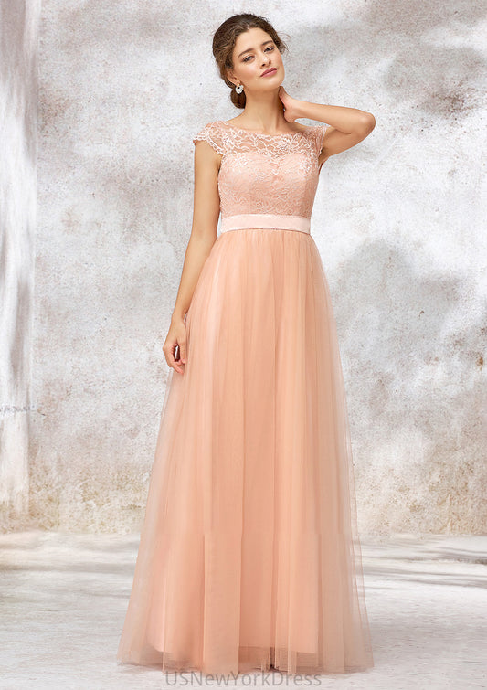 Sleeveless Bateau Long/Floor-Length Tulle A-line/Princess Bridesmaid Dresses With Sashes Lace Laney DJP0025405