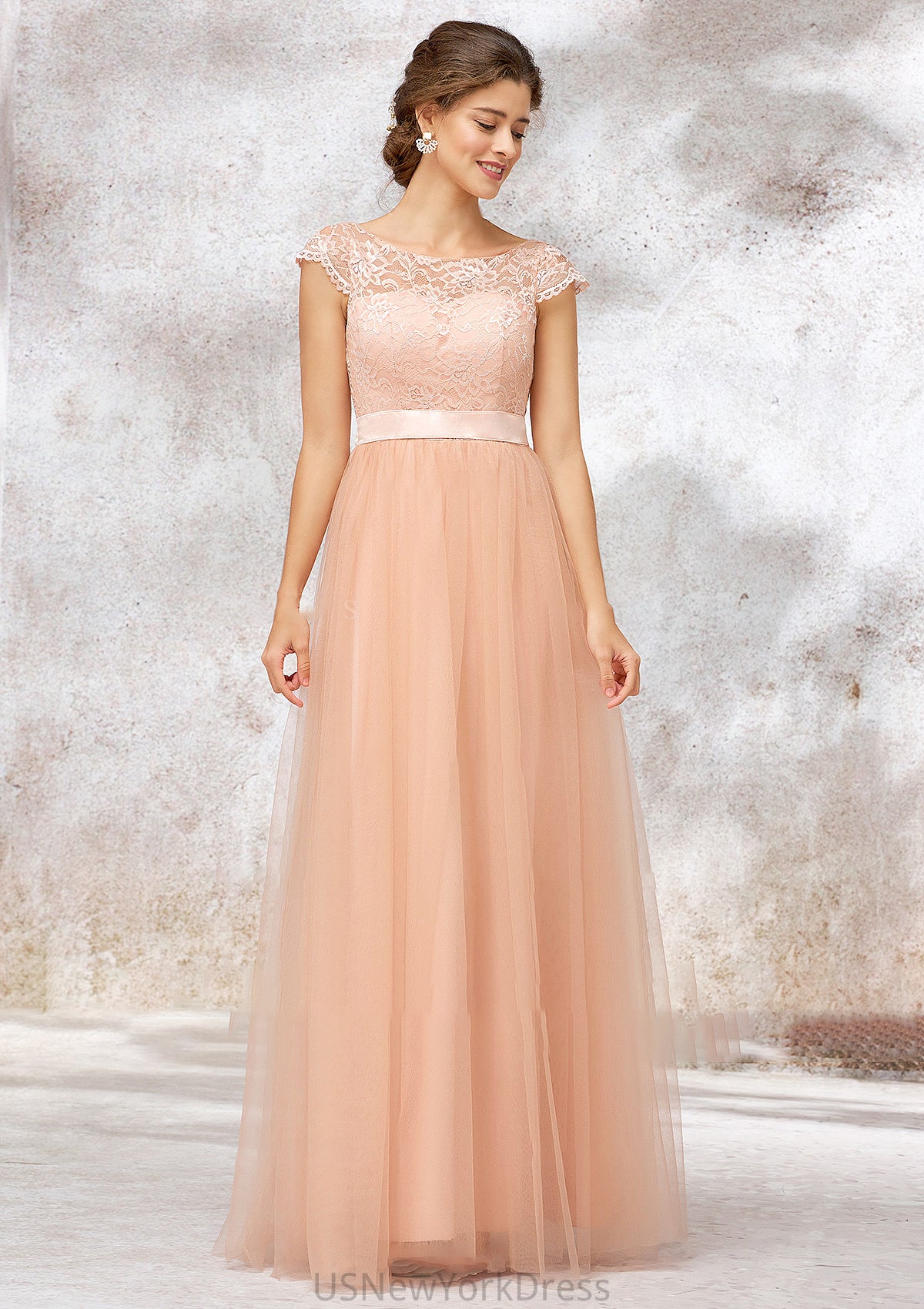 Sleeveless Bateau Long/Floor-Length Tulle A-line/Princess Bridesmaid Dresses With Sashes Lace Laney DJP0025405