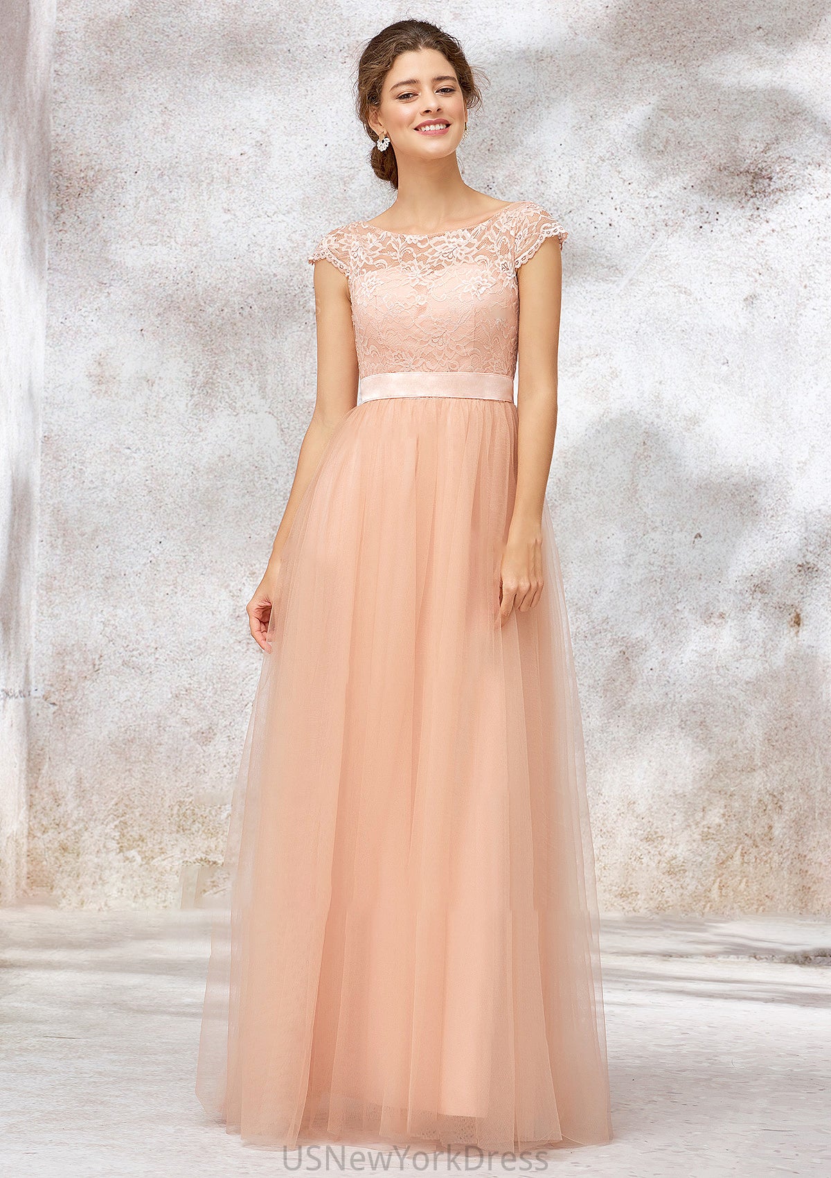 Sleeveless Bateau Long/Floor-Length Tulle A-line/Princess Bridesmaid Dresses With Sashes Lace Laney DJP0025405