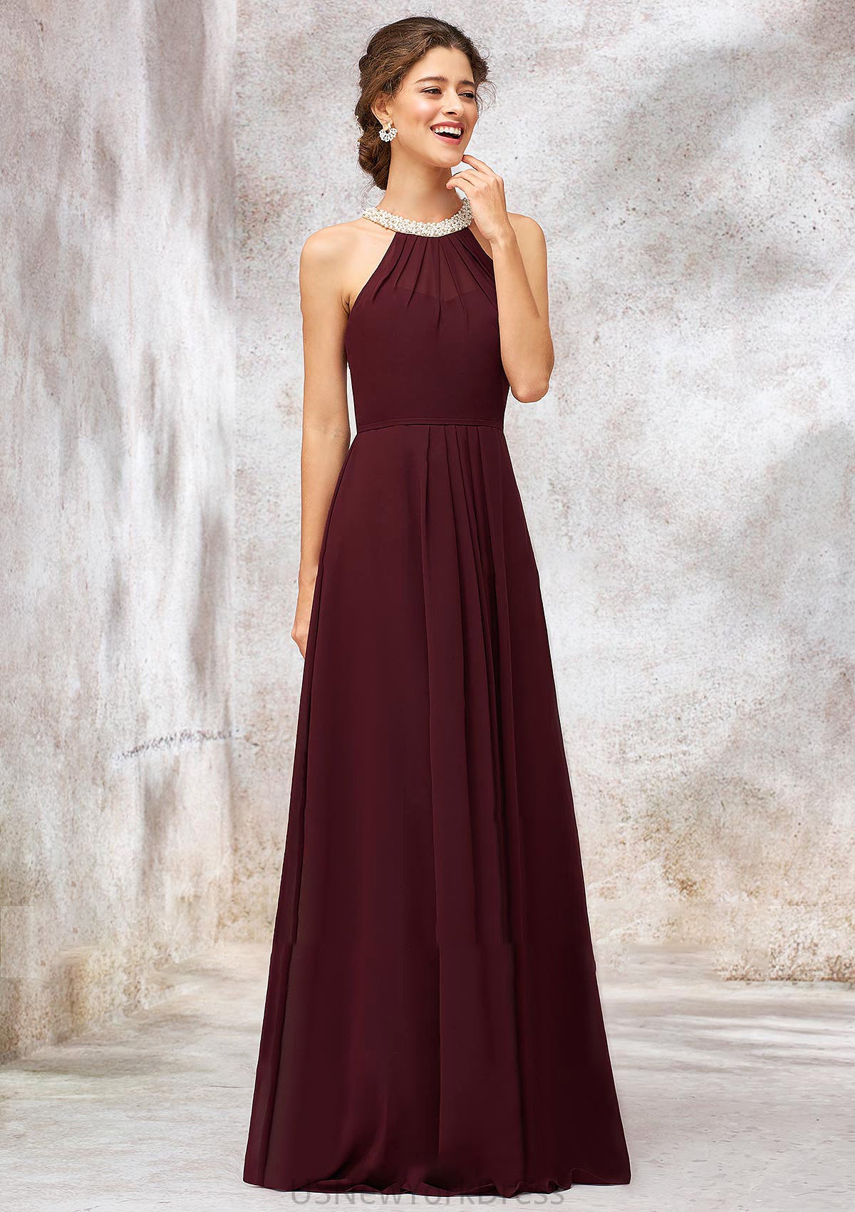 Sleeveless Scoop Neck Long/Floor-Length Chiffon A-line/Princess Bridesmaid Dresses With Pleated Beading Molly DJP0025406