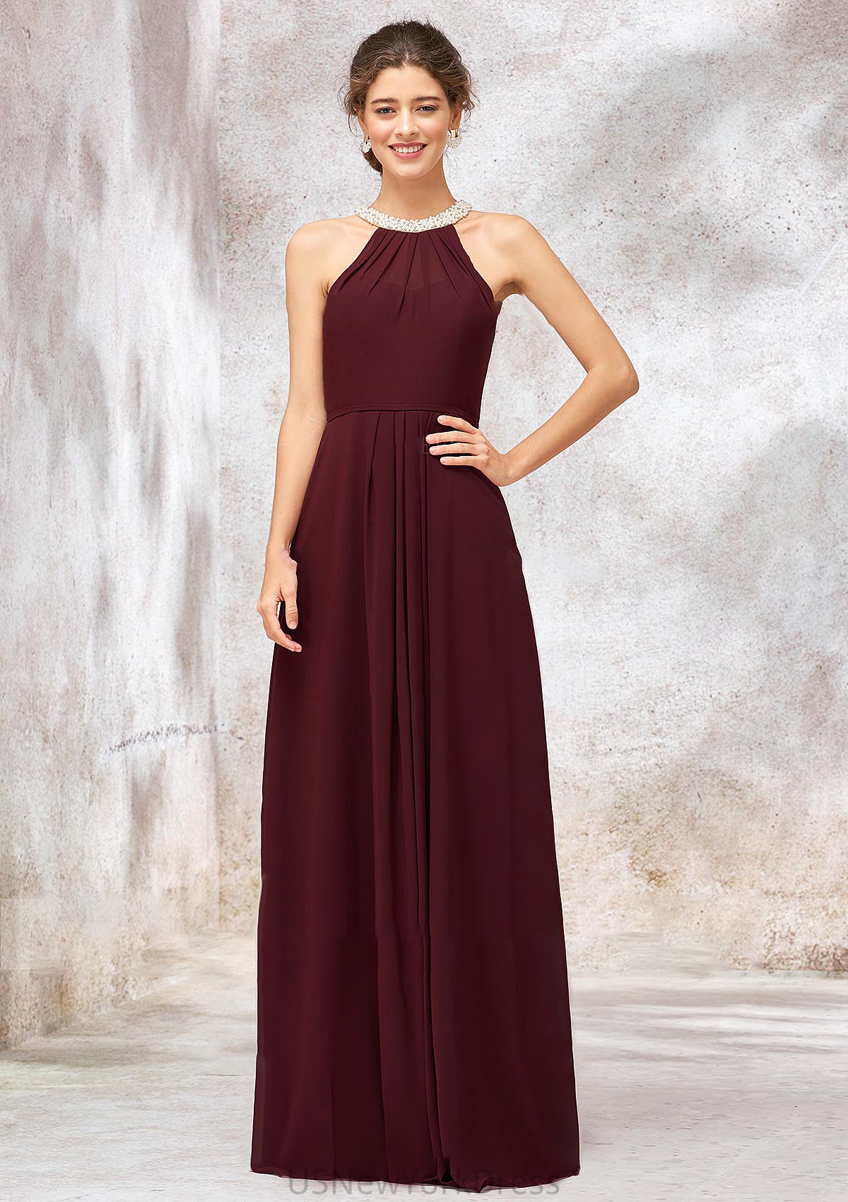 Sleeveless Scoop Neck Long/Floor-Length Chiffon A-line/Princess Bridesmaid Dresses With Pleated Beading Molly DJP0025406