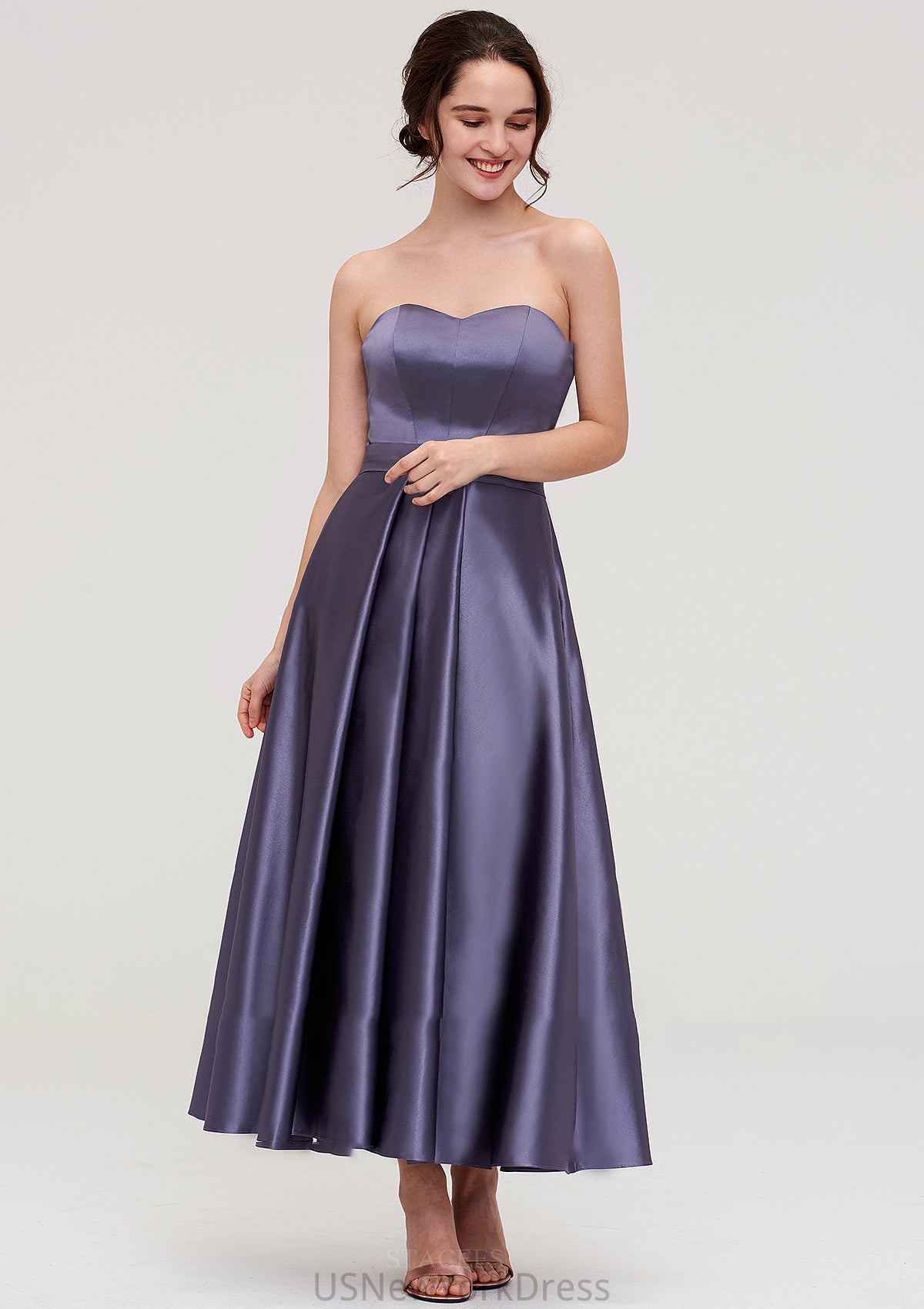 Sweetheart Sleeveless A-line/Princess Satin Ankle-Length Bridesmaid Dresses With Pleated Adyson DJP0025408