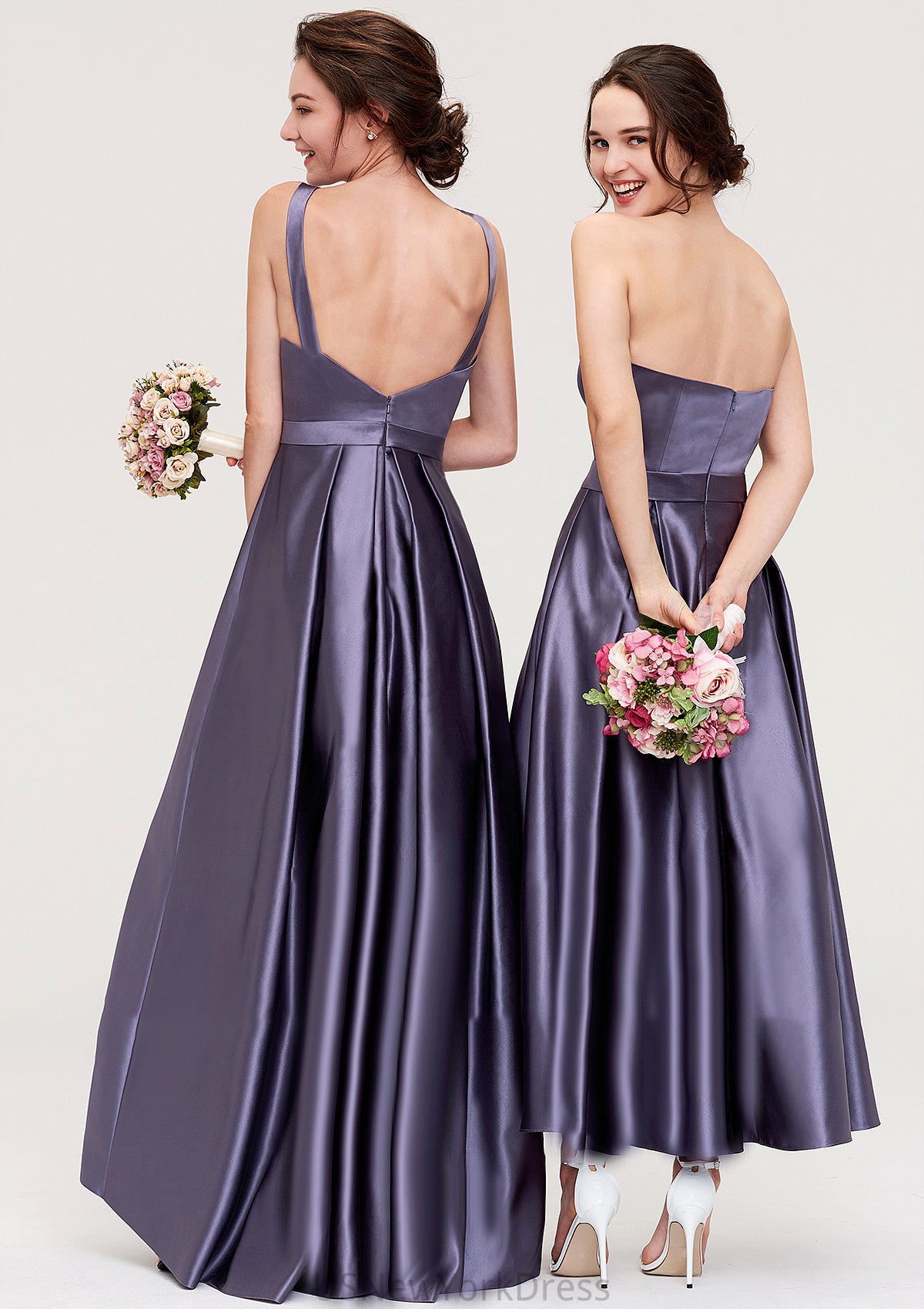 Sweetheart Sleeveless A-line/Princess Satin Ankle-Length Bridesmaid Dresses With Pleated Adyson DJP0025408