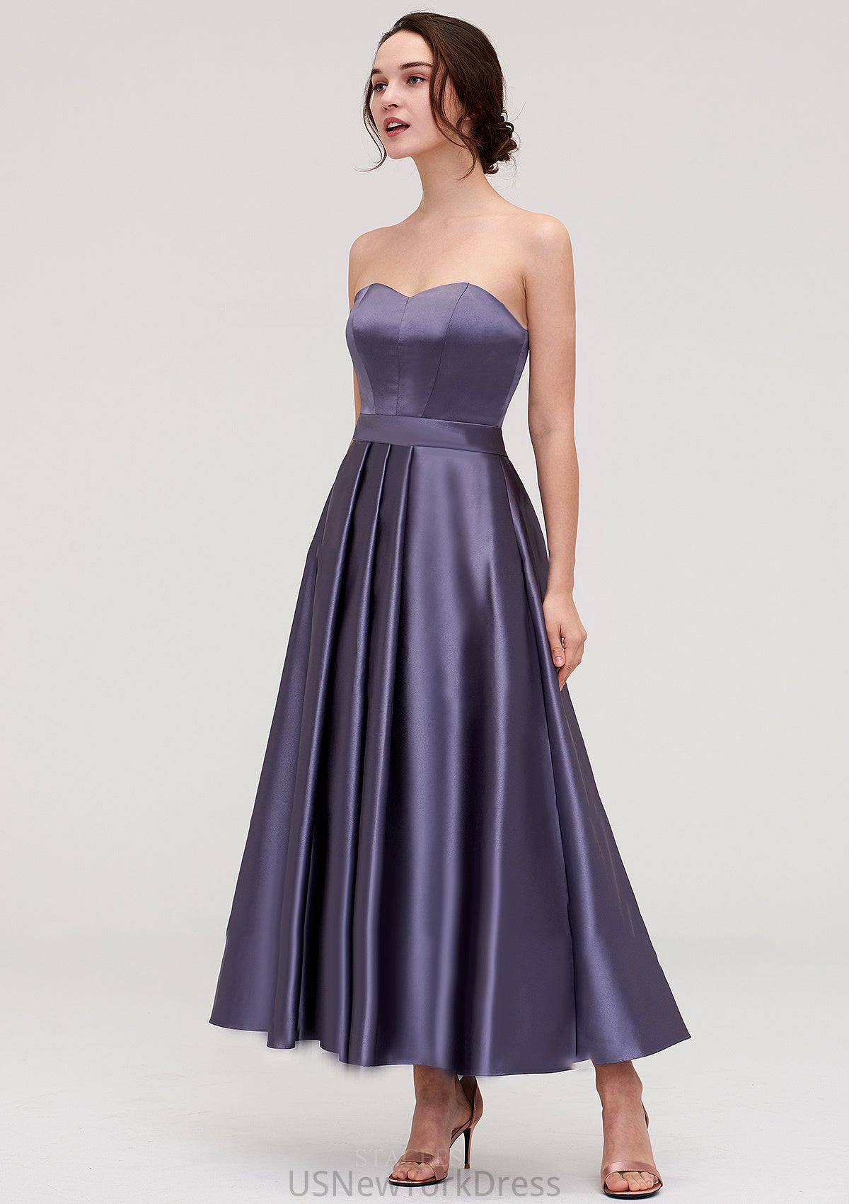 Sweetheart Sleeveless A-line/Princess Satin Ankle-Length Bridesmaid Dresses With Pleated Adyson DJP0025408